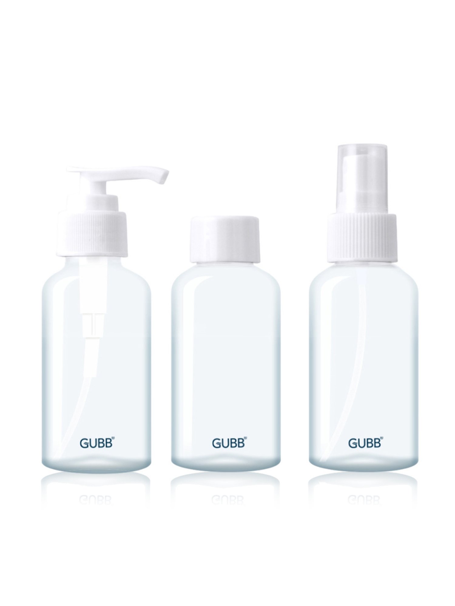 GUBB Travel Bottle Set for Toiletries - Spray Bottle, Pump Bottle & Cap Bottle