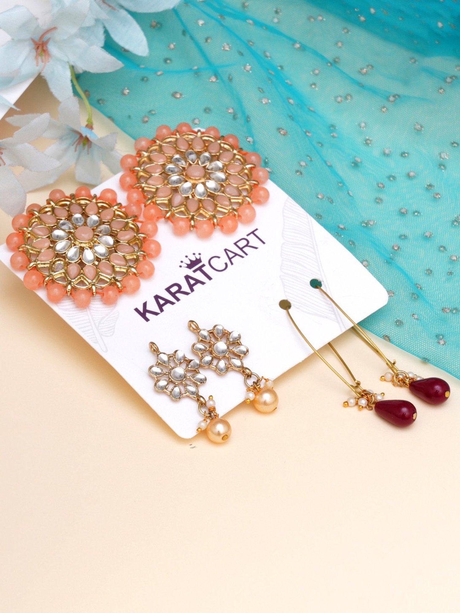 Karatcart Handcrafted Kundan Drop & Stud Earrings - Set of 3
