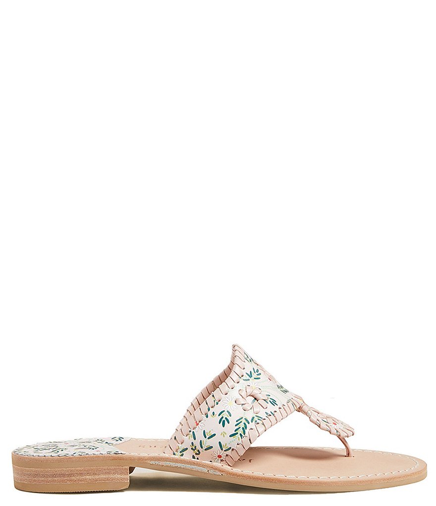 Jack Rogers Jack Daisy Print Leather Whipstitch Detail Thong Sandals