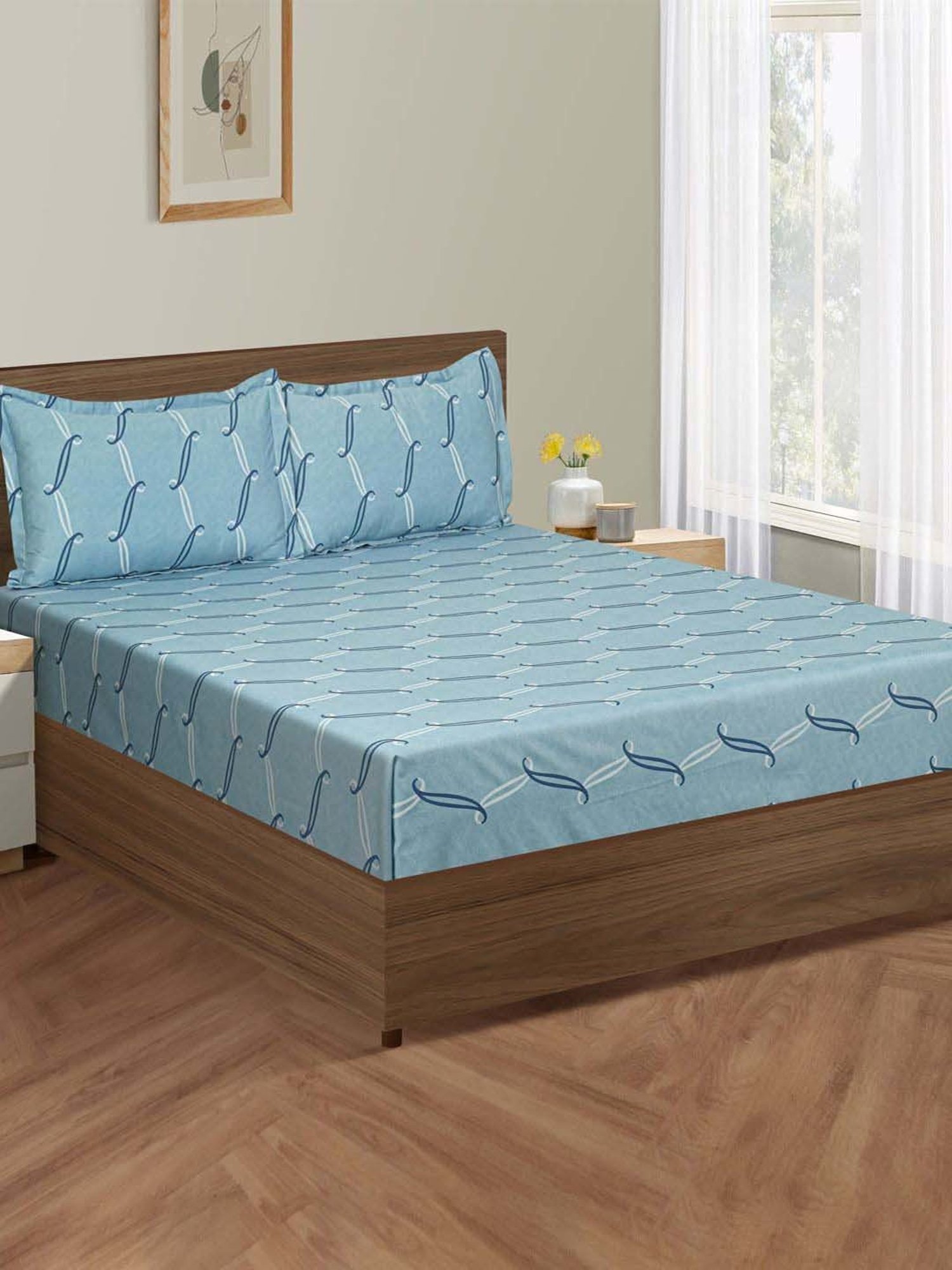 Swayam Blue Cotton 300 TC Double Size Bedsheet With Pillow Covers