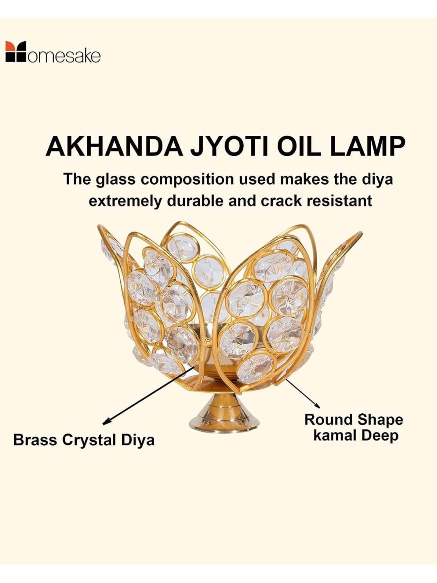 Homesake Gold Crystal Lotus Shape Akhand Diya Jyothi Oil Deepam Candle Holder