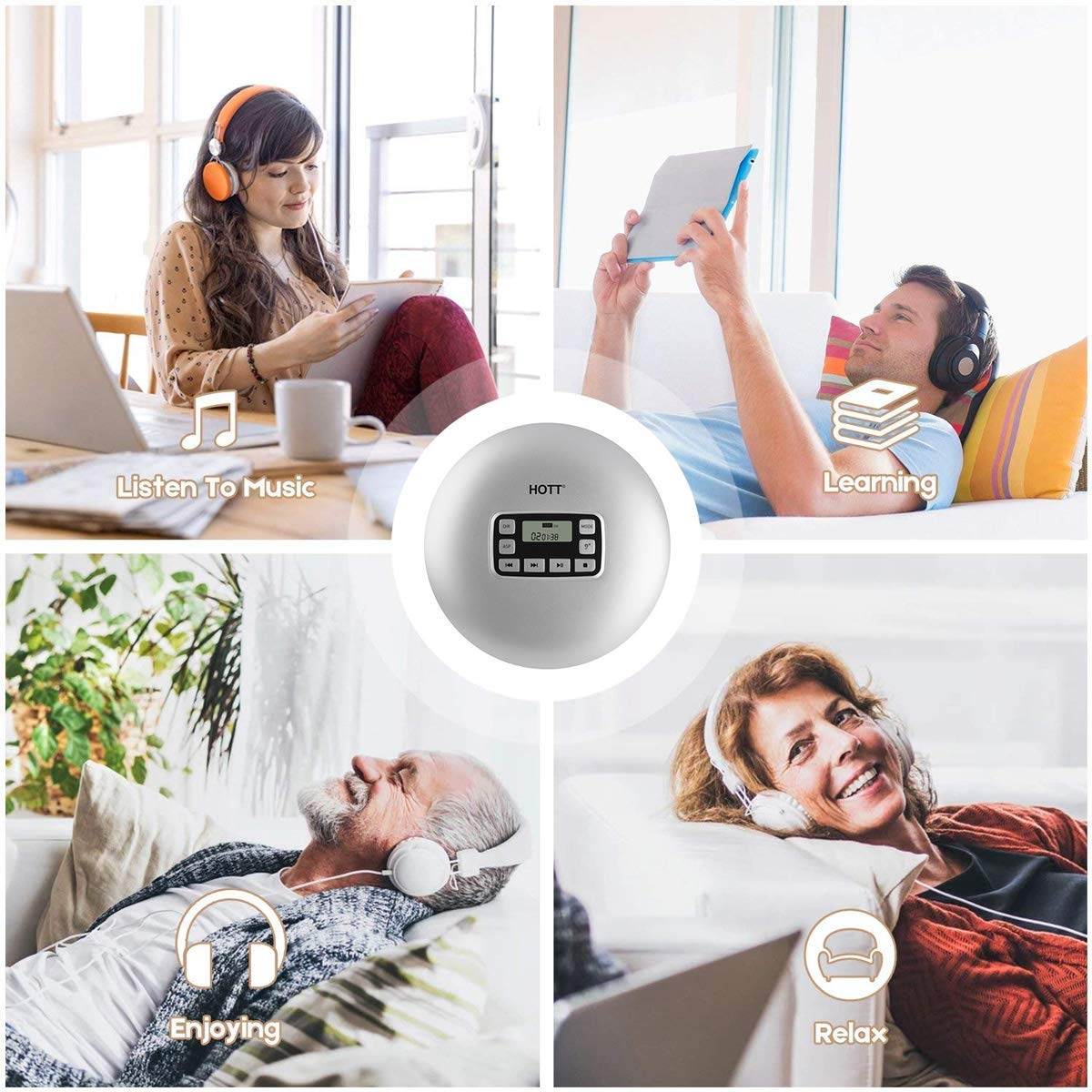 Portable CD Player HOTT Walkman CD Player LCD Display Anti-Skip Protection Shockproof Function Only Support 5 Formats CD CD-R CD-RW MP3 CD-DA WMA Audio Files Silver