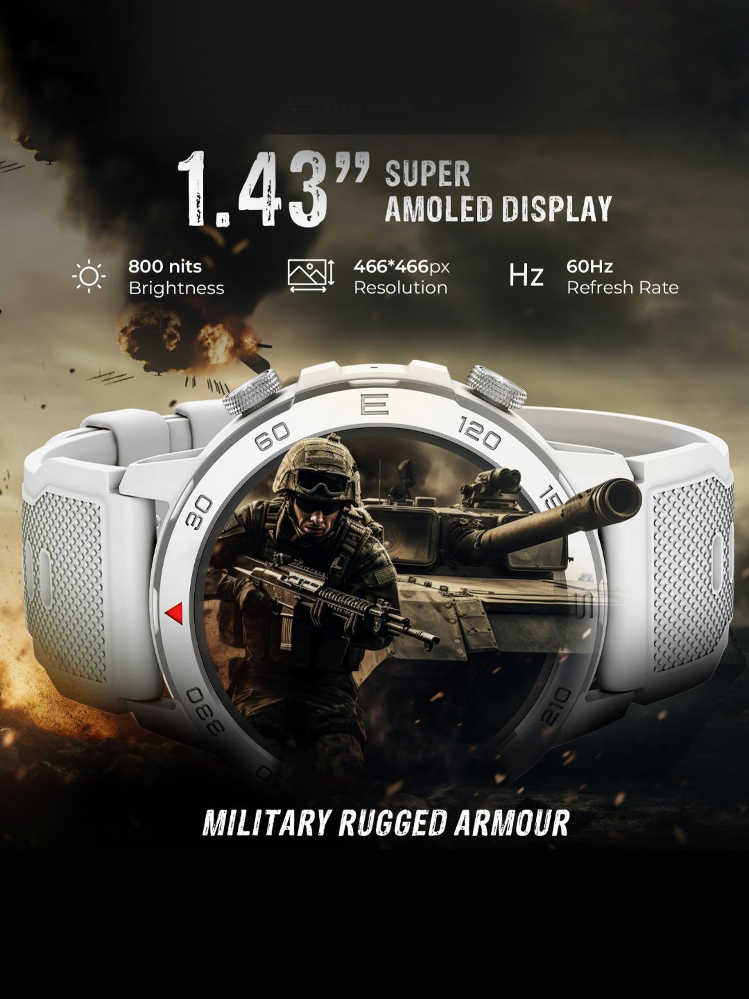 beatXP Duke Rugged BT Calling Smartwatch with 1.43 inch Round Super AMOLED Display (Silver)