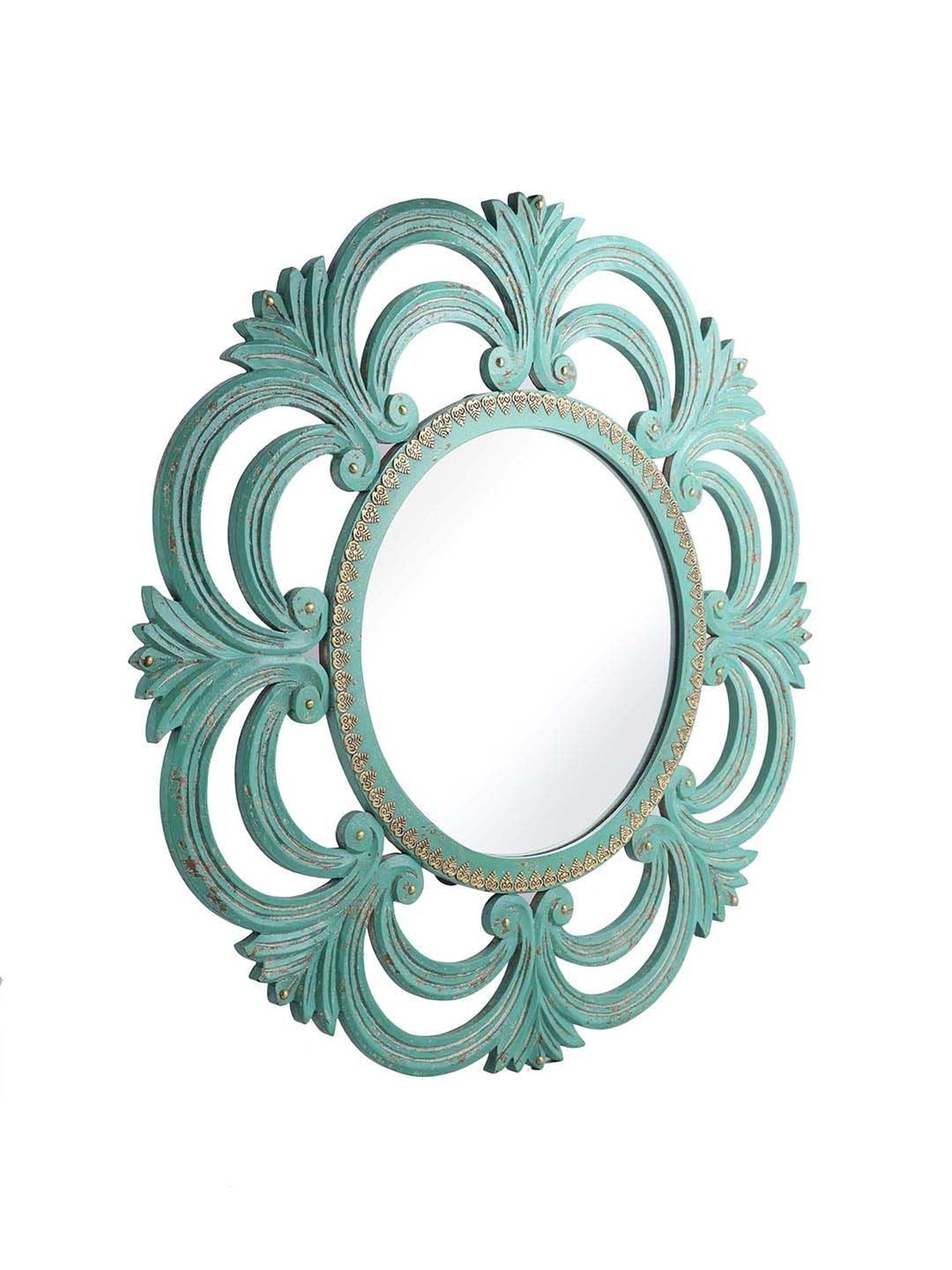 Aapno Rajasthan Green Wooden Round-Shaped Wall Mirror