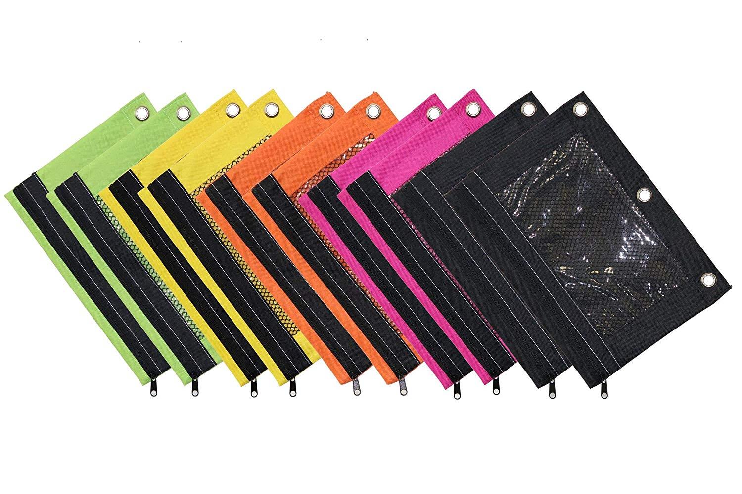 Omura Pencil Pouch, Mesh Windows, Zippered & Standard 3-Ring Binder ULTRA BRITE, Pack of 10