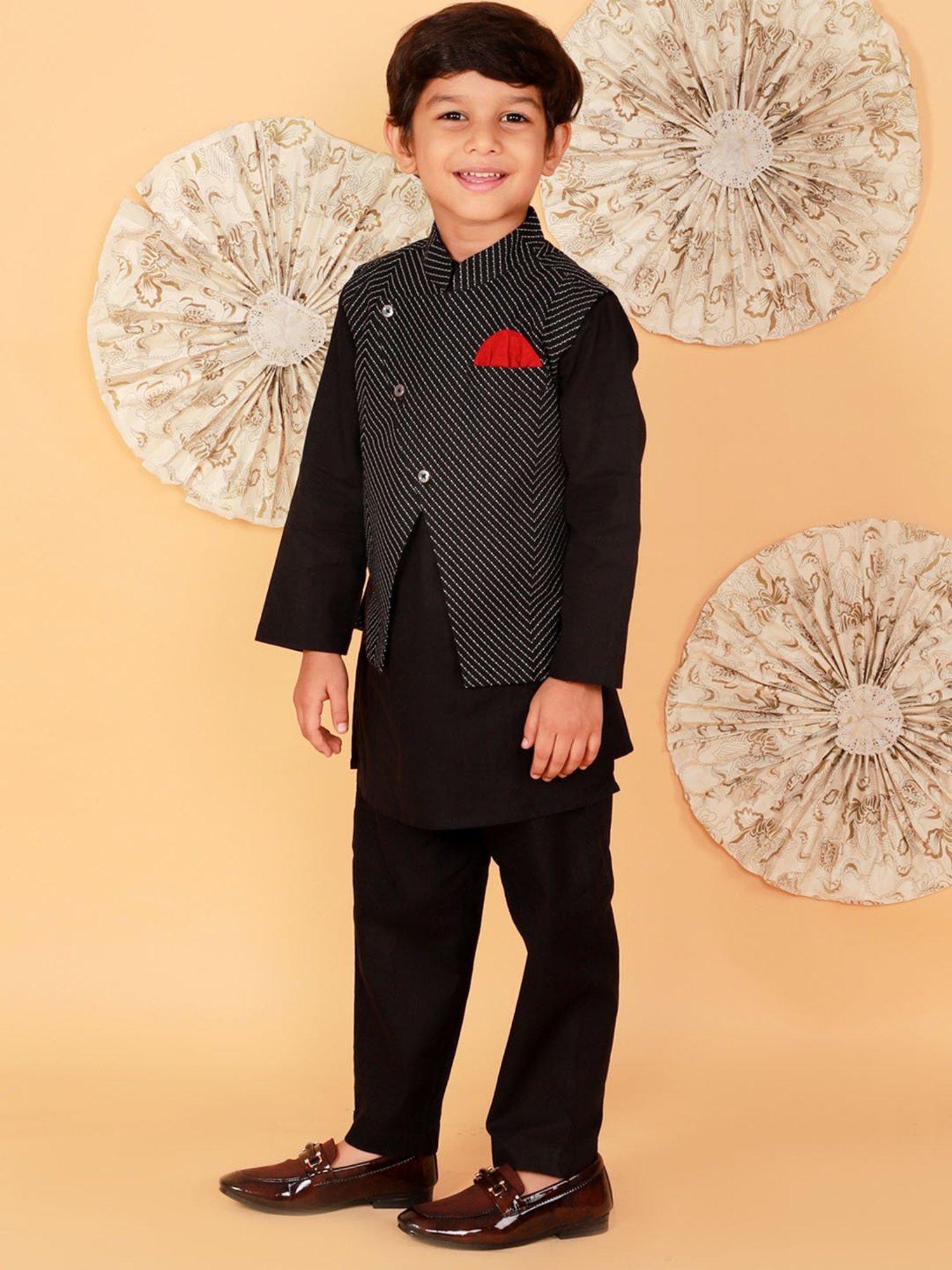 Lil Drama Kids Black Printed Full Sleeves Kurta, Jacket with Pyjamas