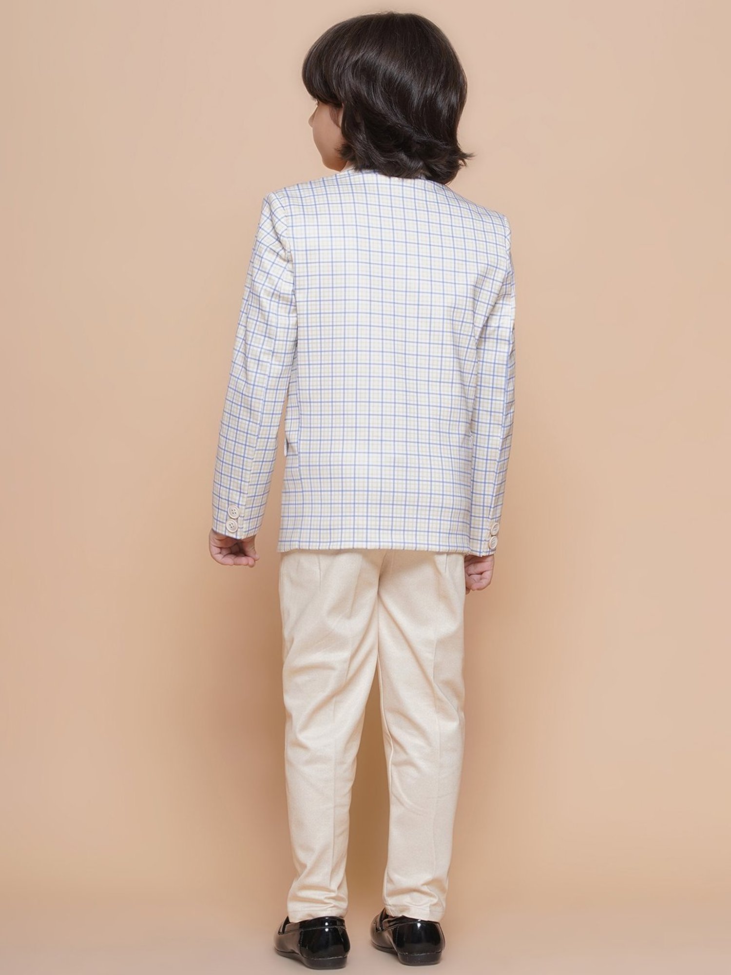 AJ Dezines Kids Blue & Cream Checks Full Sleeves Shirt, Pants, Coat, Waistcoat with Tie