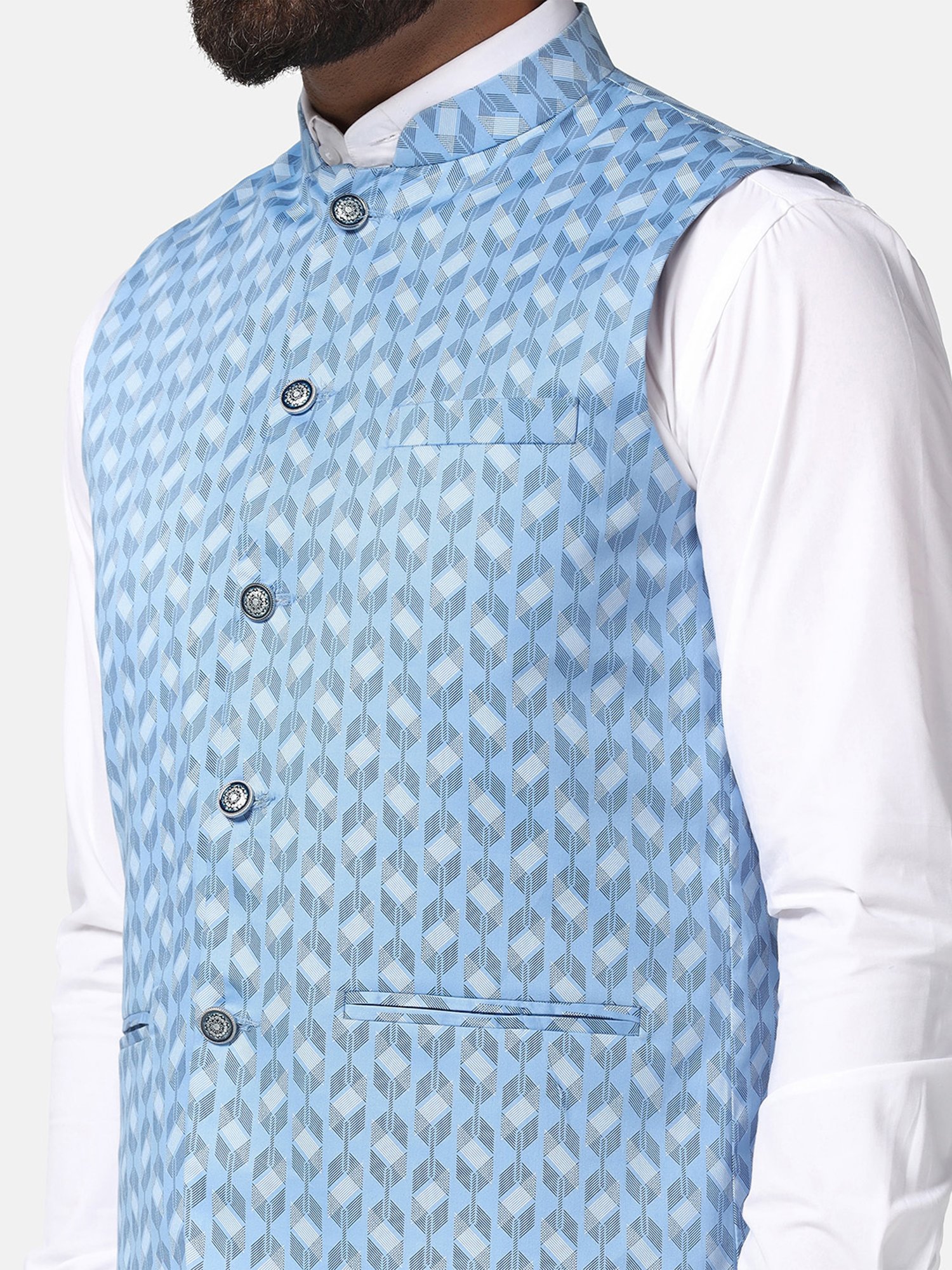 TAHVO Light Blue Slim Fit Printed Nehru Jacket