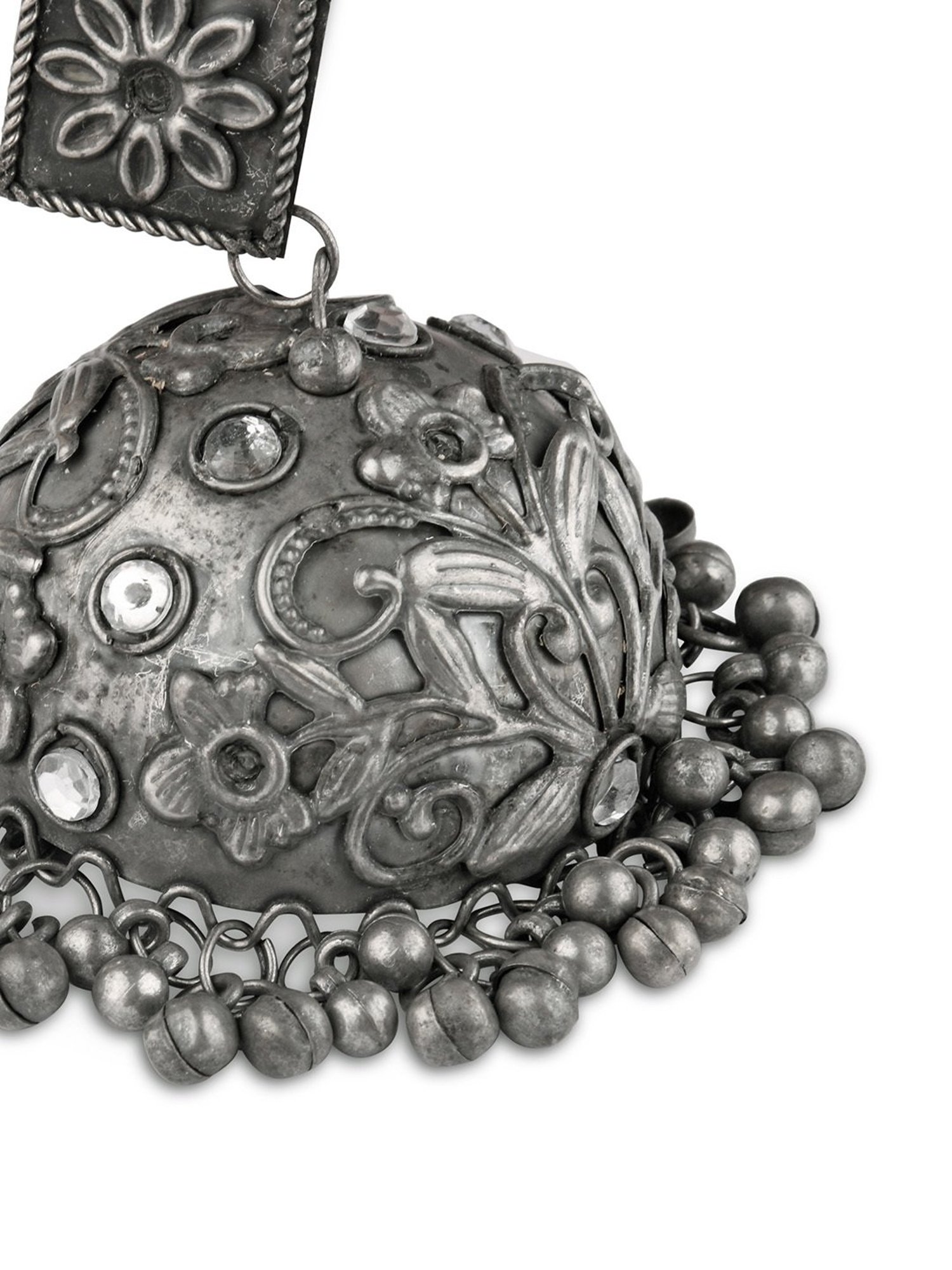 Fida Embossed Dome Shaped Silver Jhumki Earrings