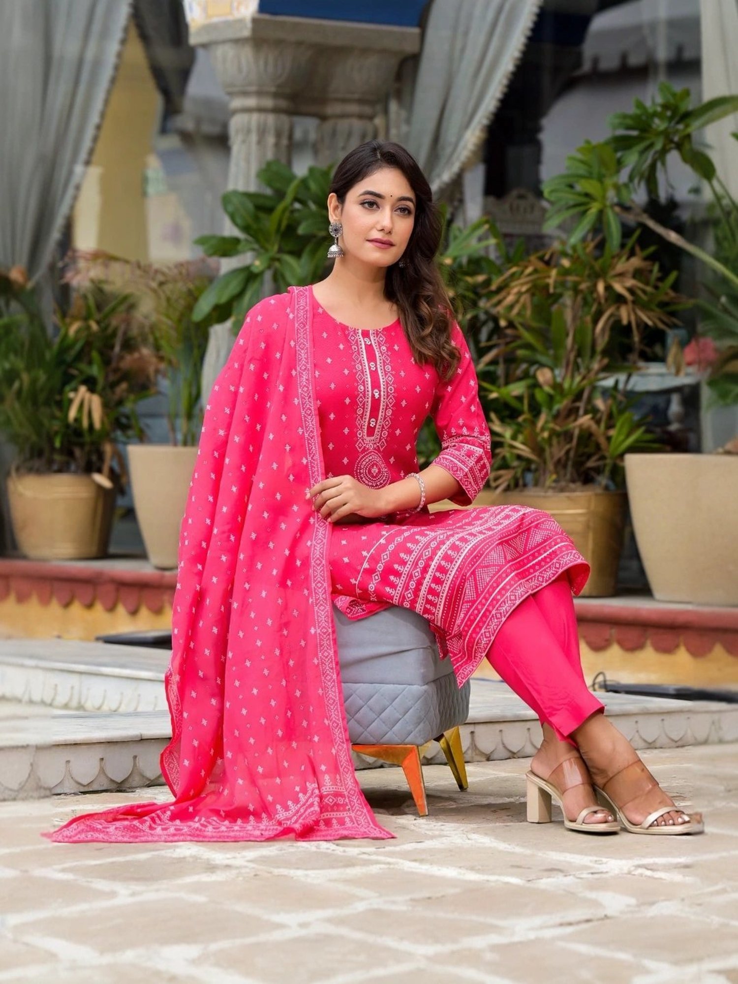 Juniper Pink Embellished Kurta Pant Set With Dupatta
