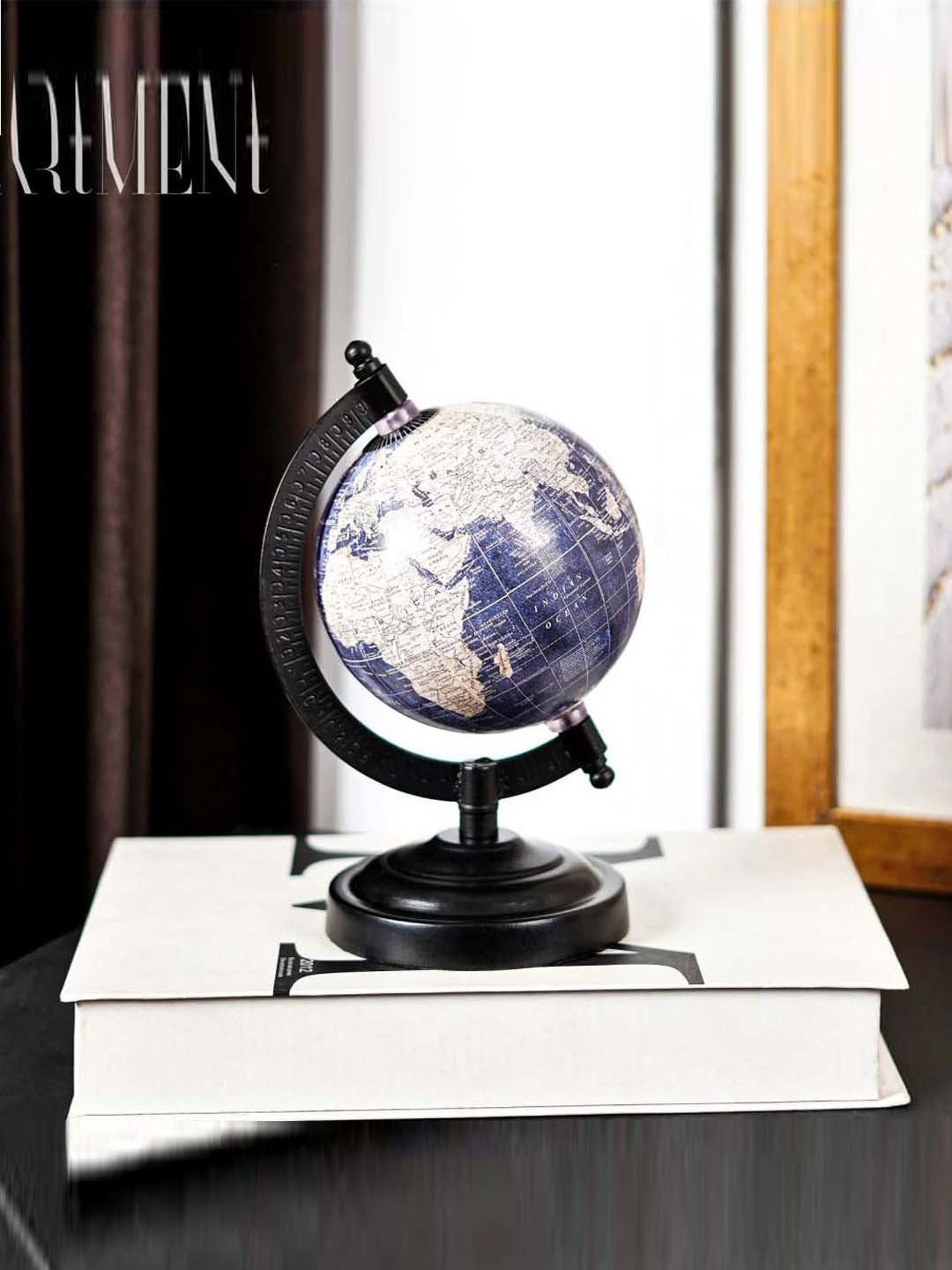 The Artment Minimal Nautical Navigator Blue & Black Metal Medium Globe for Study Table