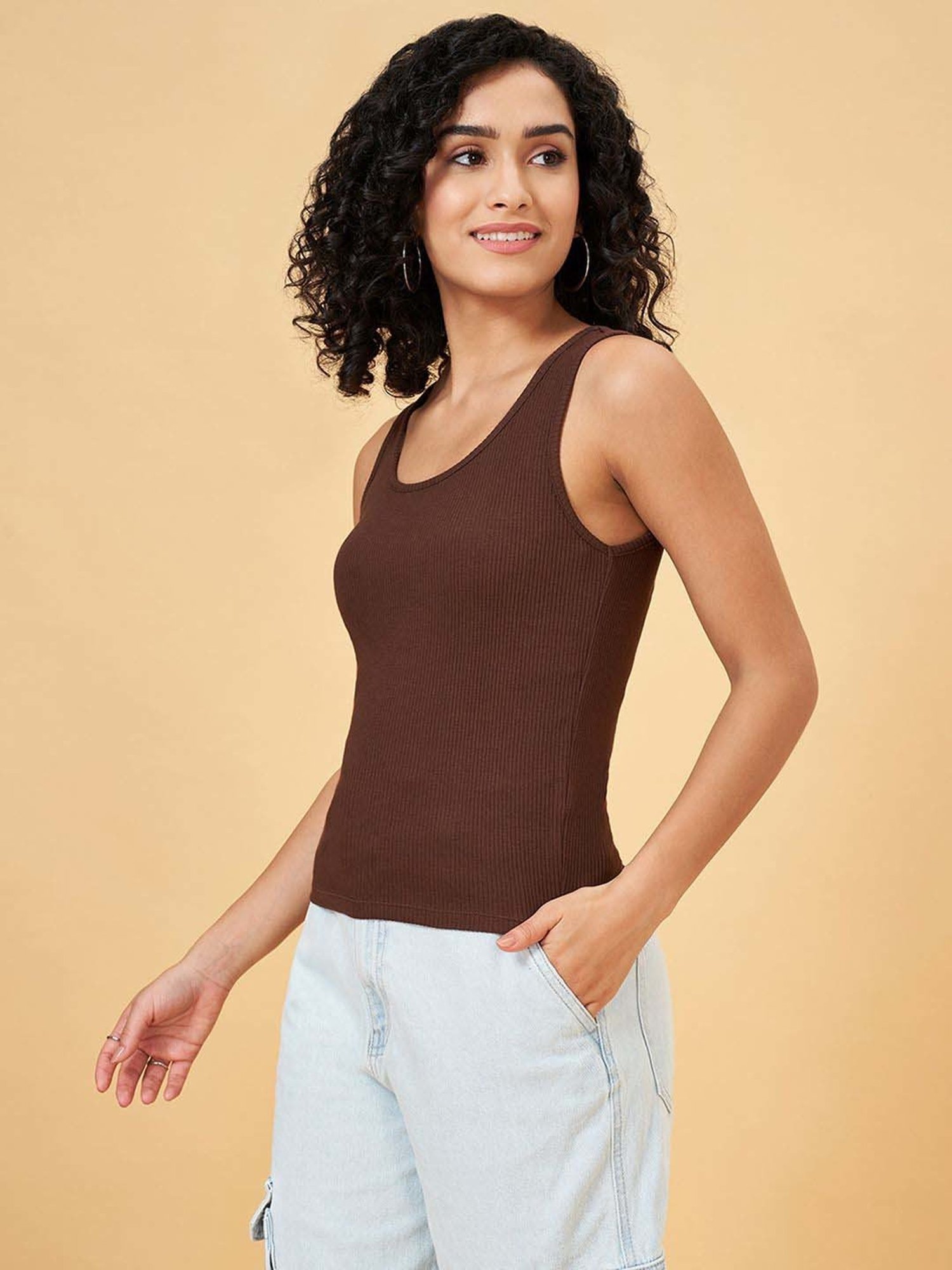 People by Pantaloons Brown Plain Tank Top