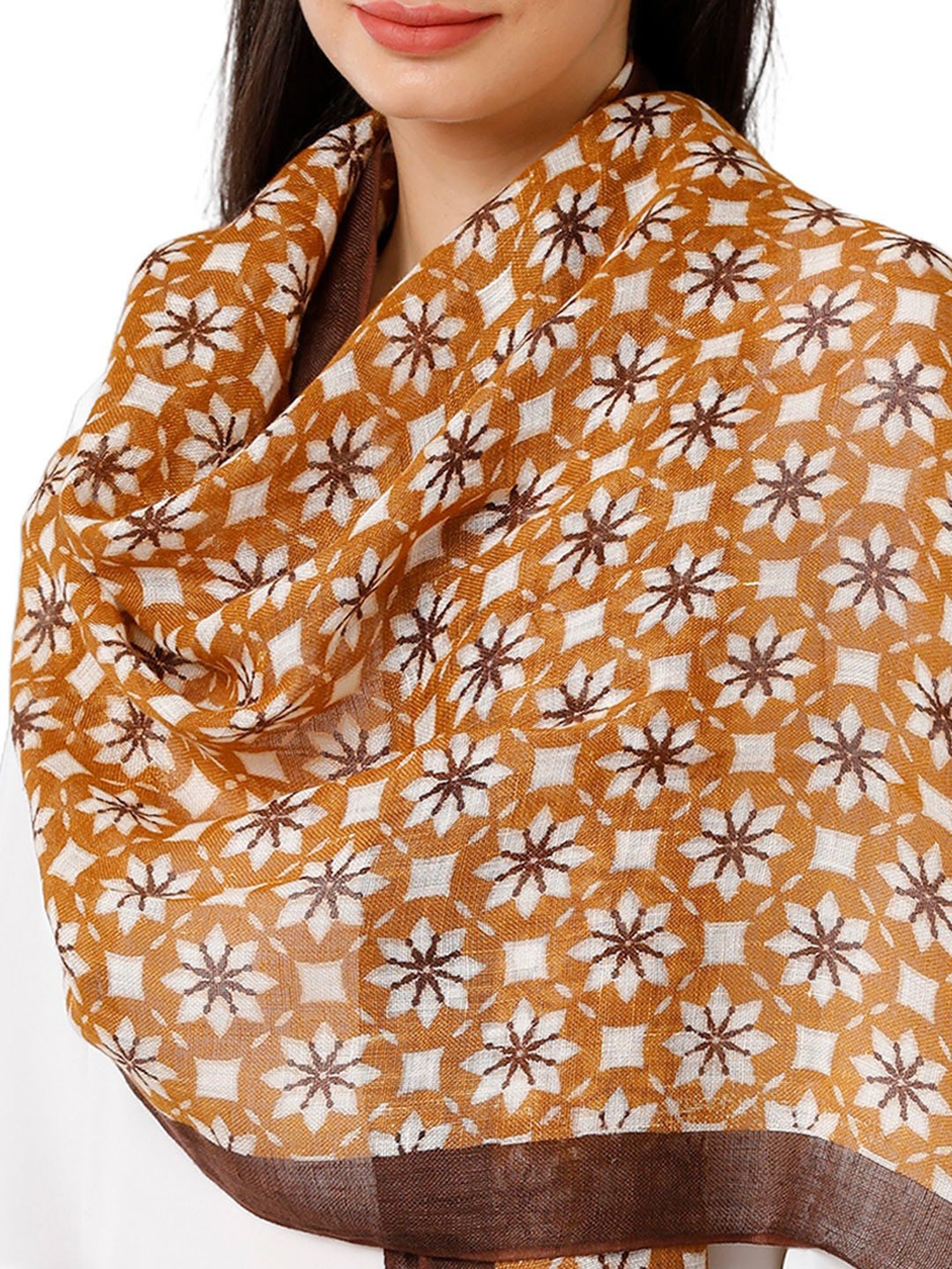 Linen Club Brown Printed Pure Linen Stole