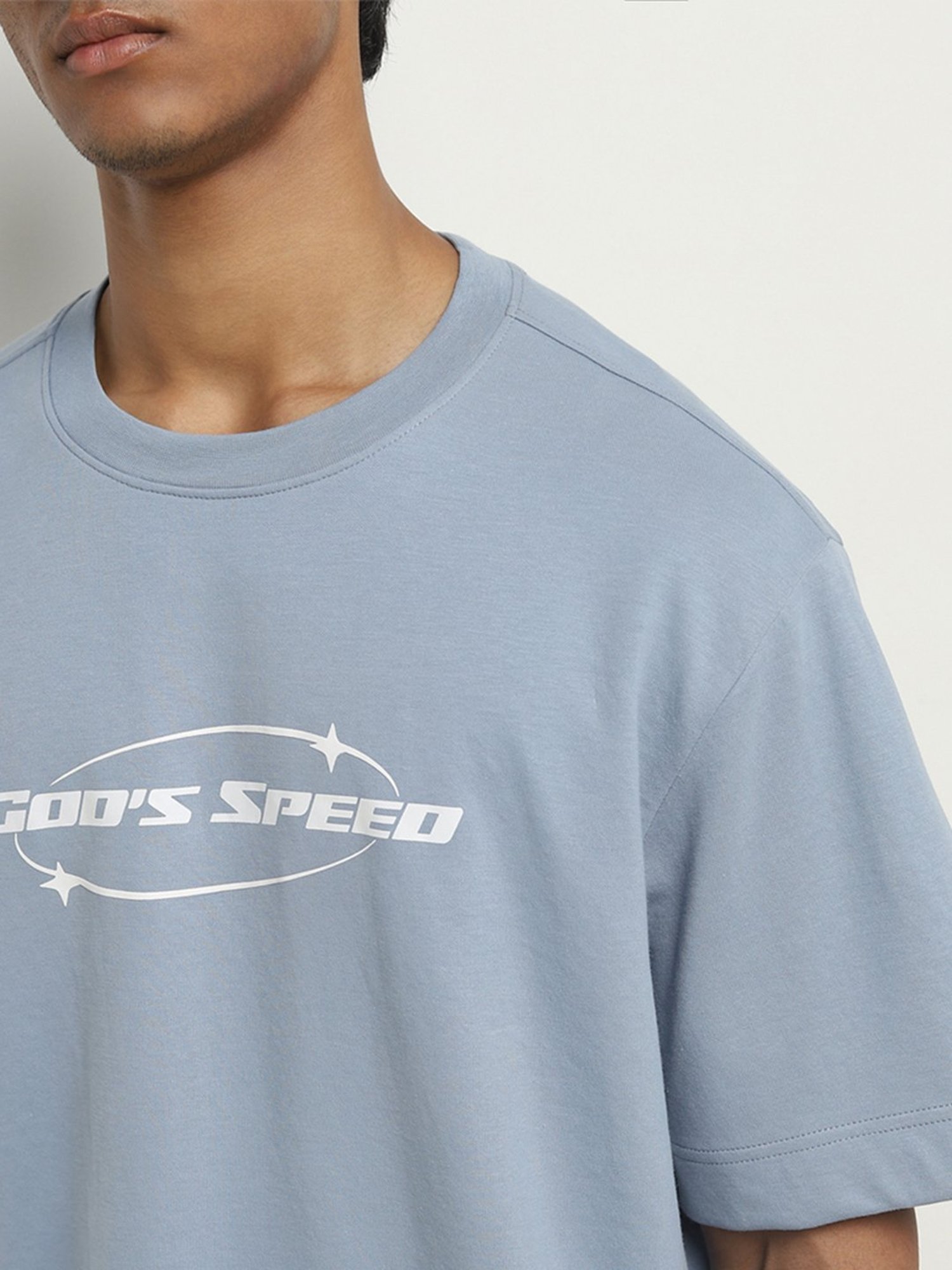 Studiofit by Westside Dusty Blue Text Printed Relaxed-Fit T-Shirt