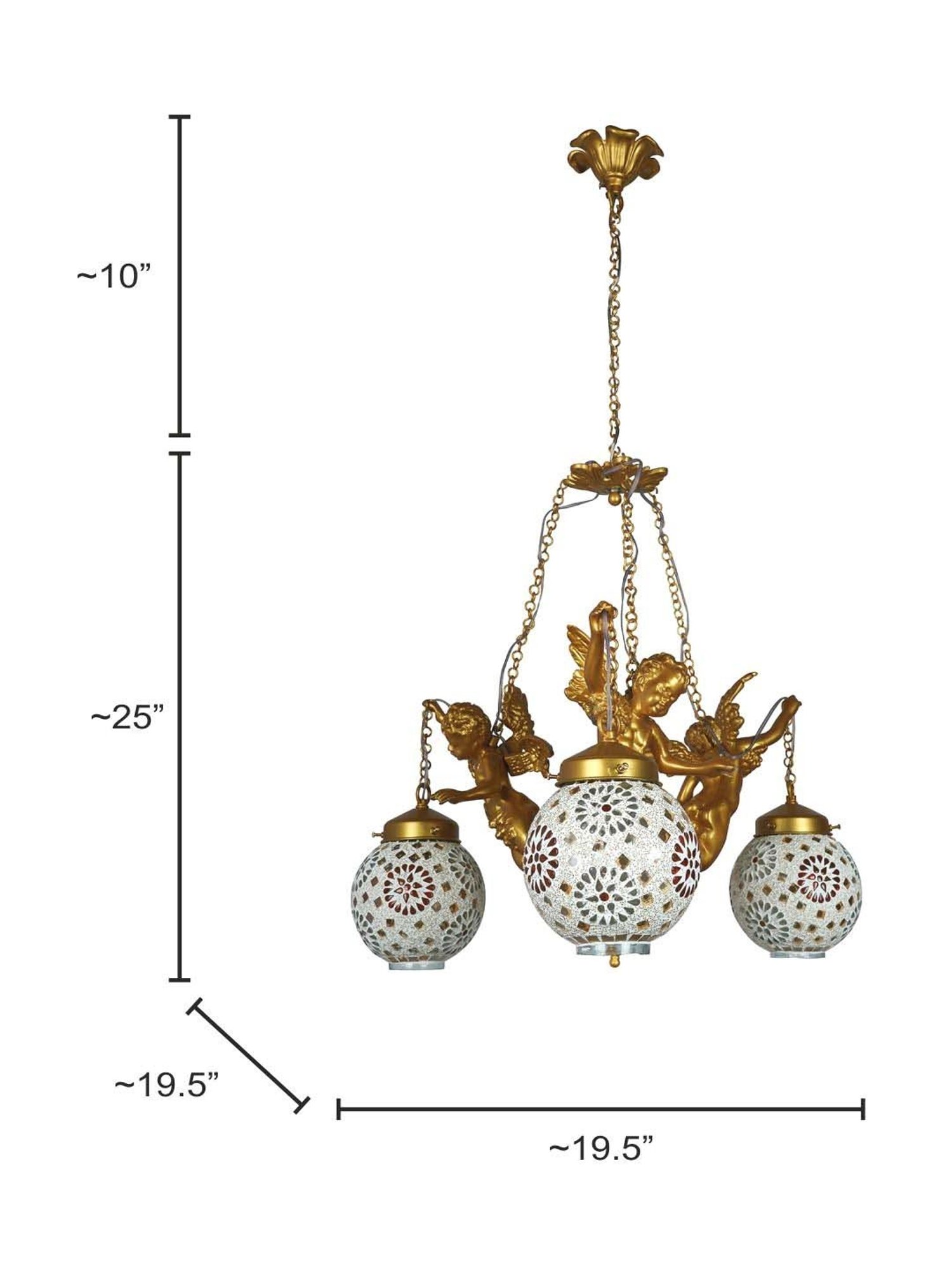 FOS LIGHTING White & Golden Aluminium 3-In-1 Cherub Chandelier With Glass Shade