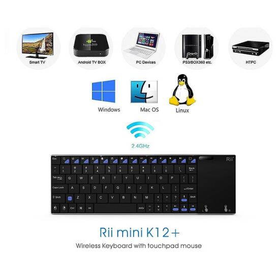 Rii Mini K12+ Stainless Steel cover wireless keyboard with large built-in touchpad and rechargable Li-ion Battery for PC, Laptop, Raspberry PI 2, Smart TV, IPTV, Android Box.