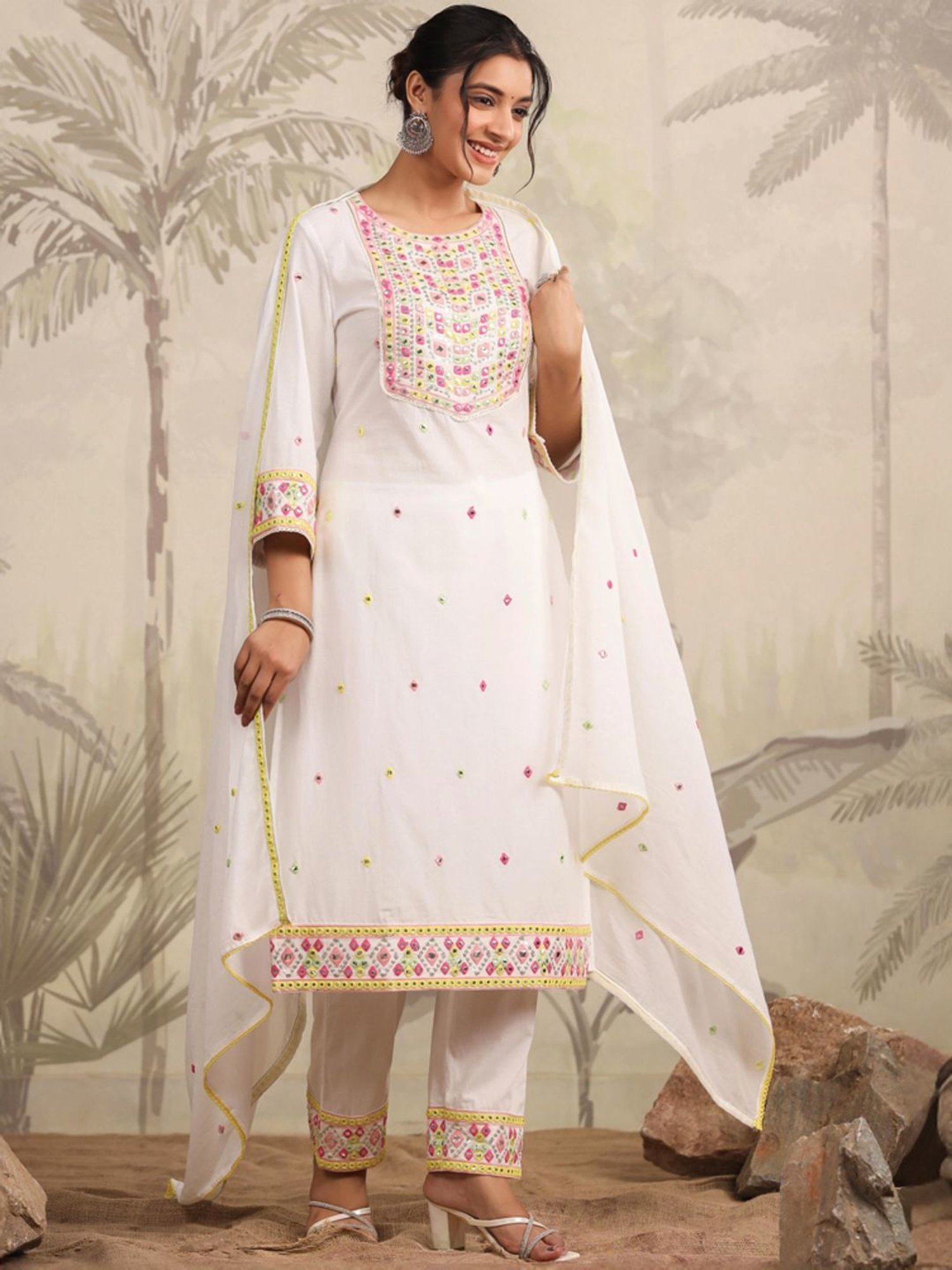 SCAKHI White Cotton Embroidered Kurta Pant Set With Dupatta