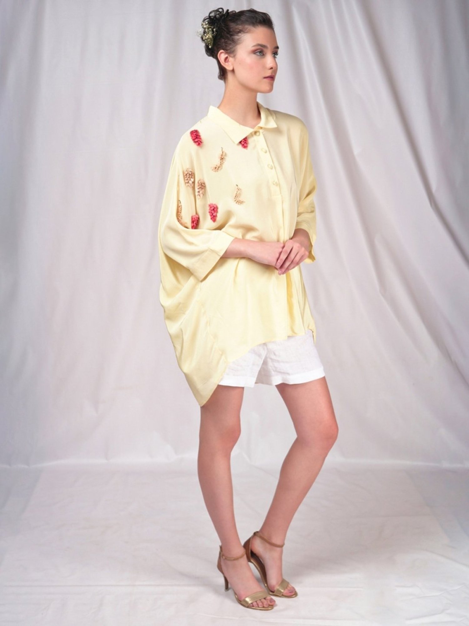 Seesa Yellow Spring Summer Collared Top With Embroidery Details