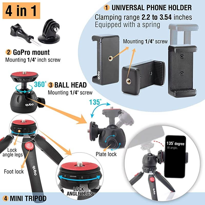 Mini Tripod Camera Holder - Premium Tabletop Small Phone Tripod Mount for GoPro iPhone / Cell Phones Webcam Projector Compact DSLR - Hand Desktop Camera Tripod Stand Table