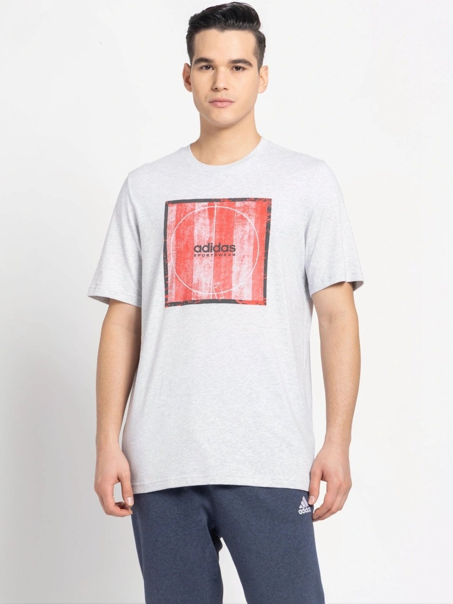 Adidas Grey Cotton Regular Fit Printed T-Shirt