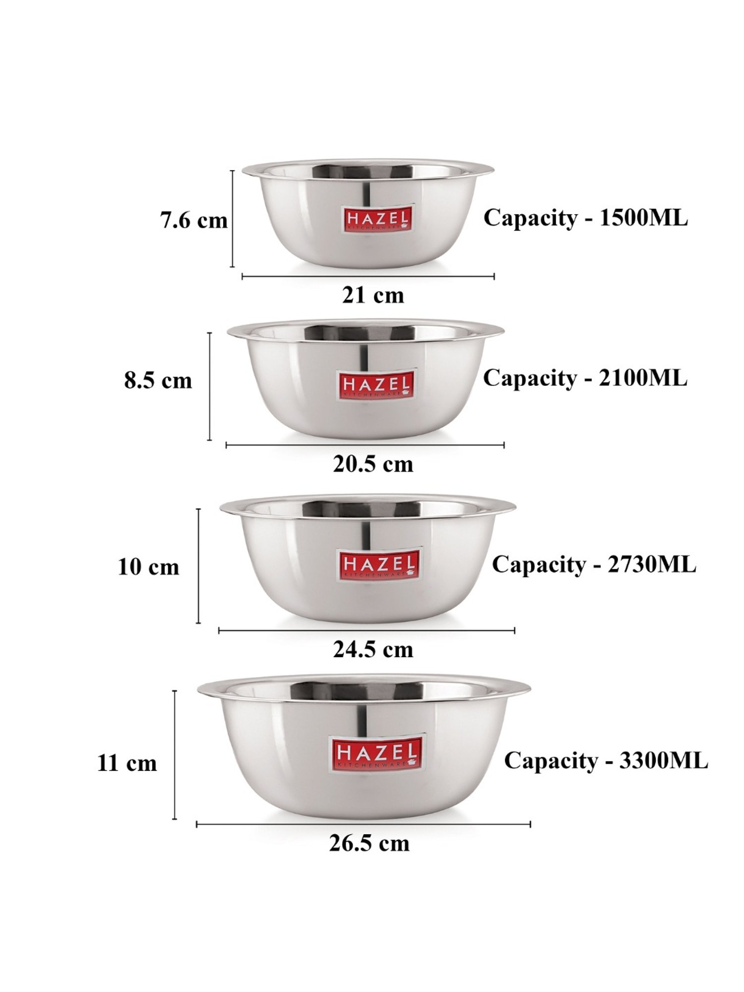 HAZEL Silver Stainless Steel Mixing Bowl - Set of 3 (2.1L)