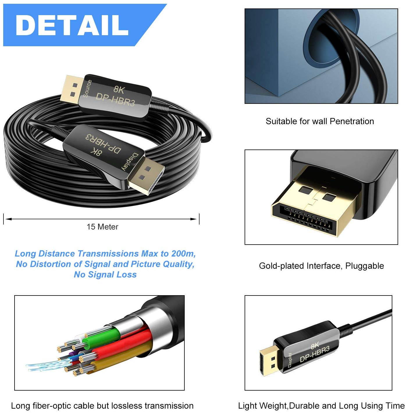 Fiber 8K 4K DisplayPort Cable DP 1.4 HBR3 8K@60Hz 4K@144Hz High Speed 32.4Gbps Optical Fiber Slim and Flexible DP to DP Cable 15m 49.2ft