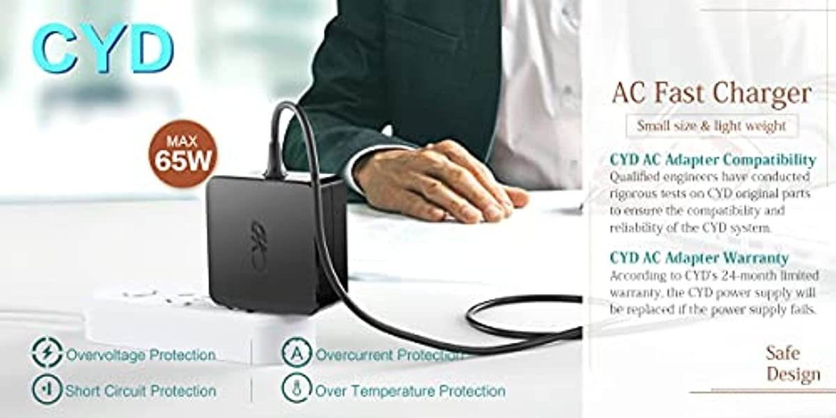 CYD 65W 19.5V 3.33A Powerfast-Replacement for Laptop-Charger HP Envy x360 15-u010dx 15-u011dx 15-u002xx 15-u050ca 14-f020us 14-f021nr 15-F009WM 15-F023WM 15-F039WM 15-F059WM 15-g073nr F9H92UA