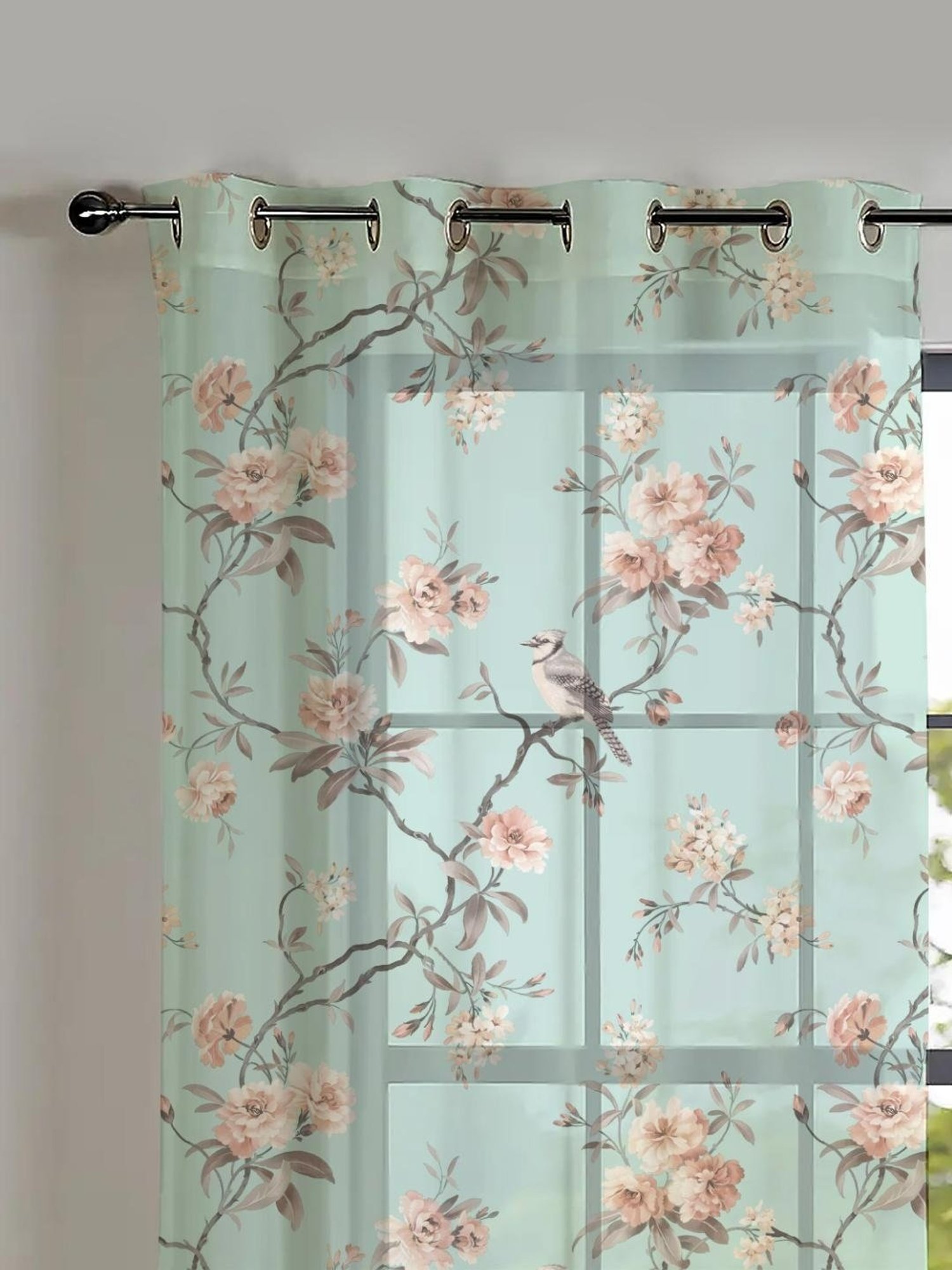 SPACES DRAPE STORY Elegent Floral Light Blue Polyester 5 ft Window Curtains - Set of 2