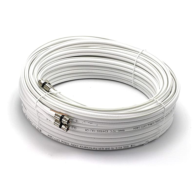 Dual with Ground RG6 Coaxial Twin Coax Cable (Siamese Cable) with 18AWG Copper Ground Wire, Satellite, Antenna & CATV Quality Compression Connectors, White