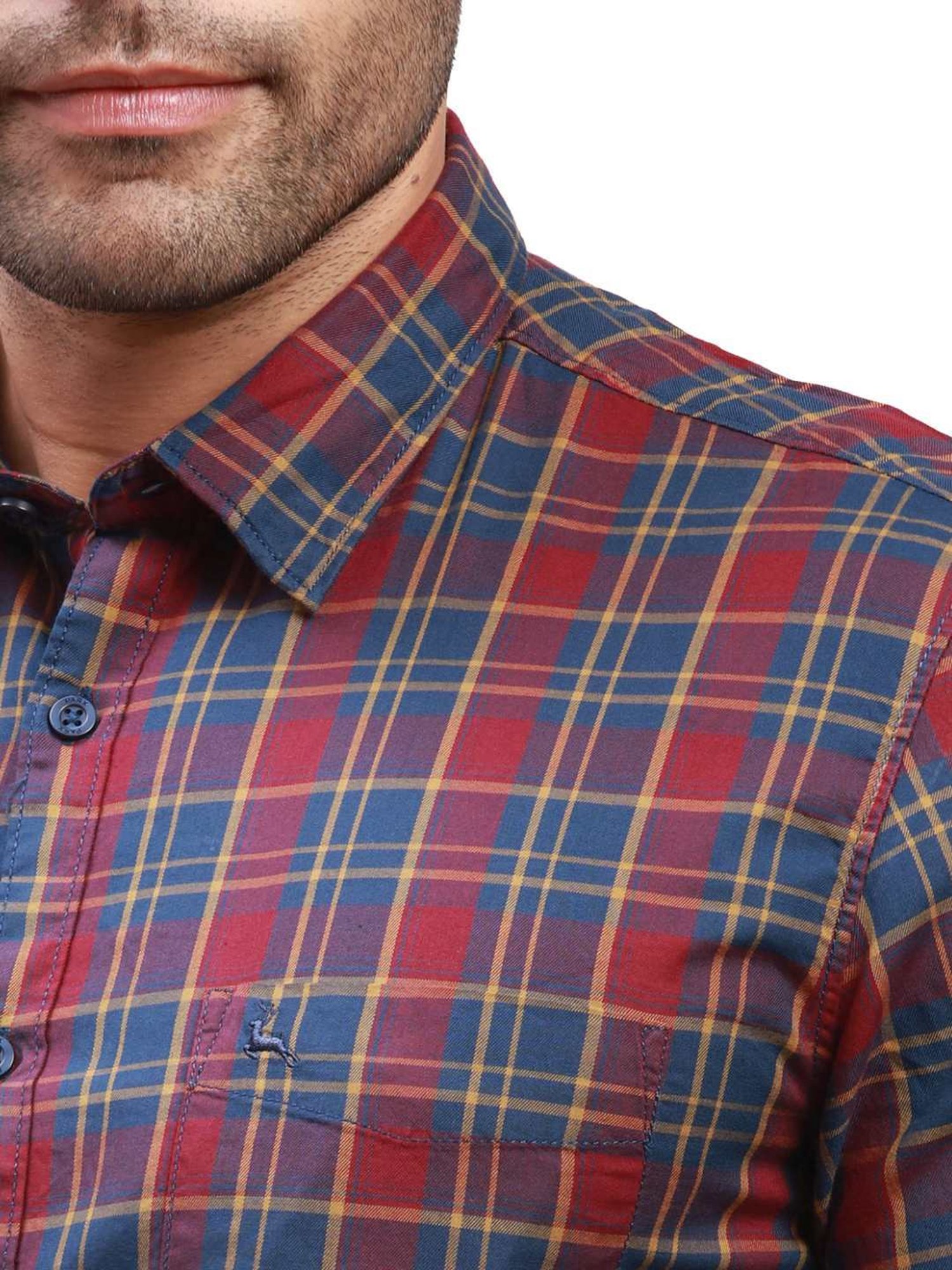 Spykar Blue Cotton Slim Fit Checks Shirt