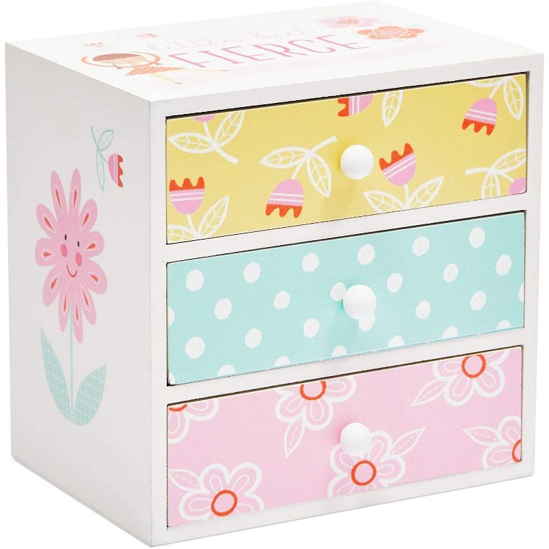 Blue Panda Colorful Wooden Jewelry Box for Kids, 3 Drawers, Little But Fierce (6.1 x 4.5 x 6.1 in)