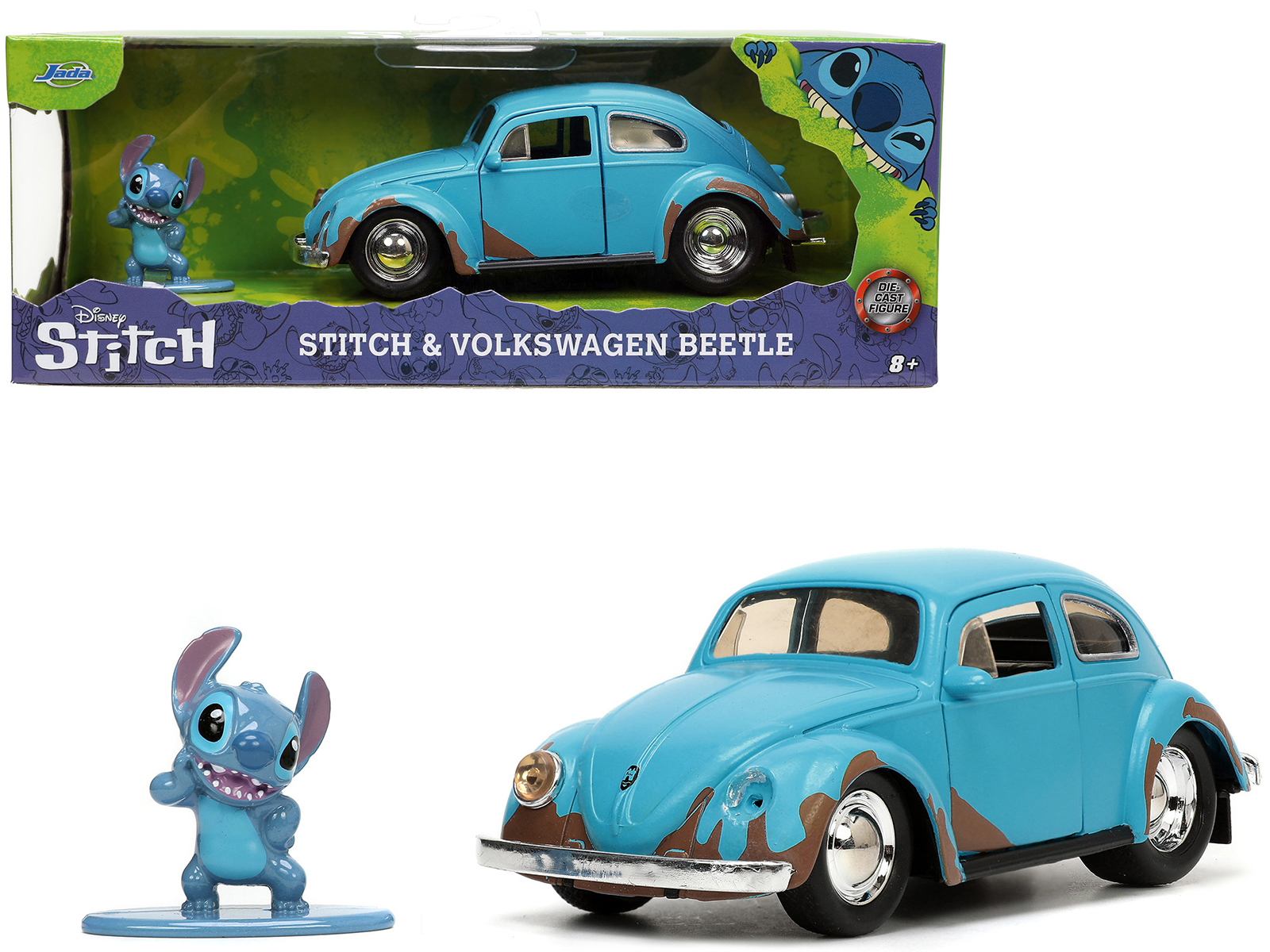 Volkswagen T1 Bus Candy Blue and White with Stitch Diecast Figurine and Surfboard "Lilo & Stitch" Disney "Hollywood Rides" Series 1/24 Diecast Model Car by Jada