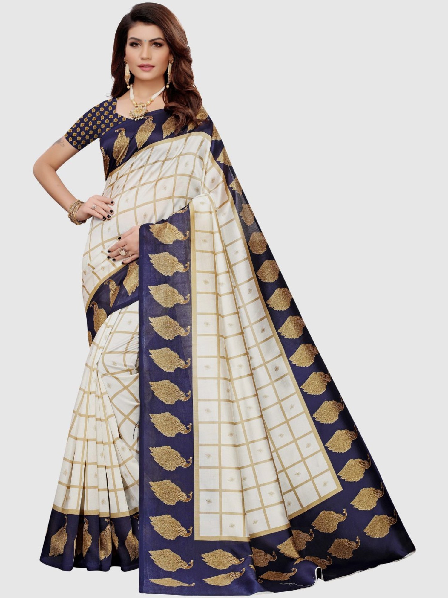 KSUT Off-White & Navy Printed Saree With Blouse