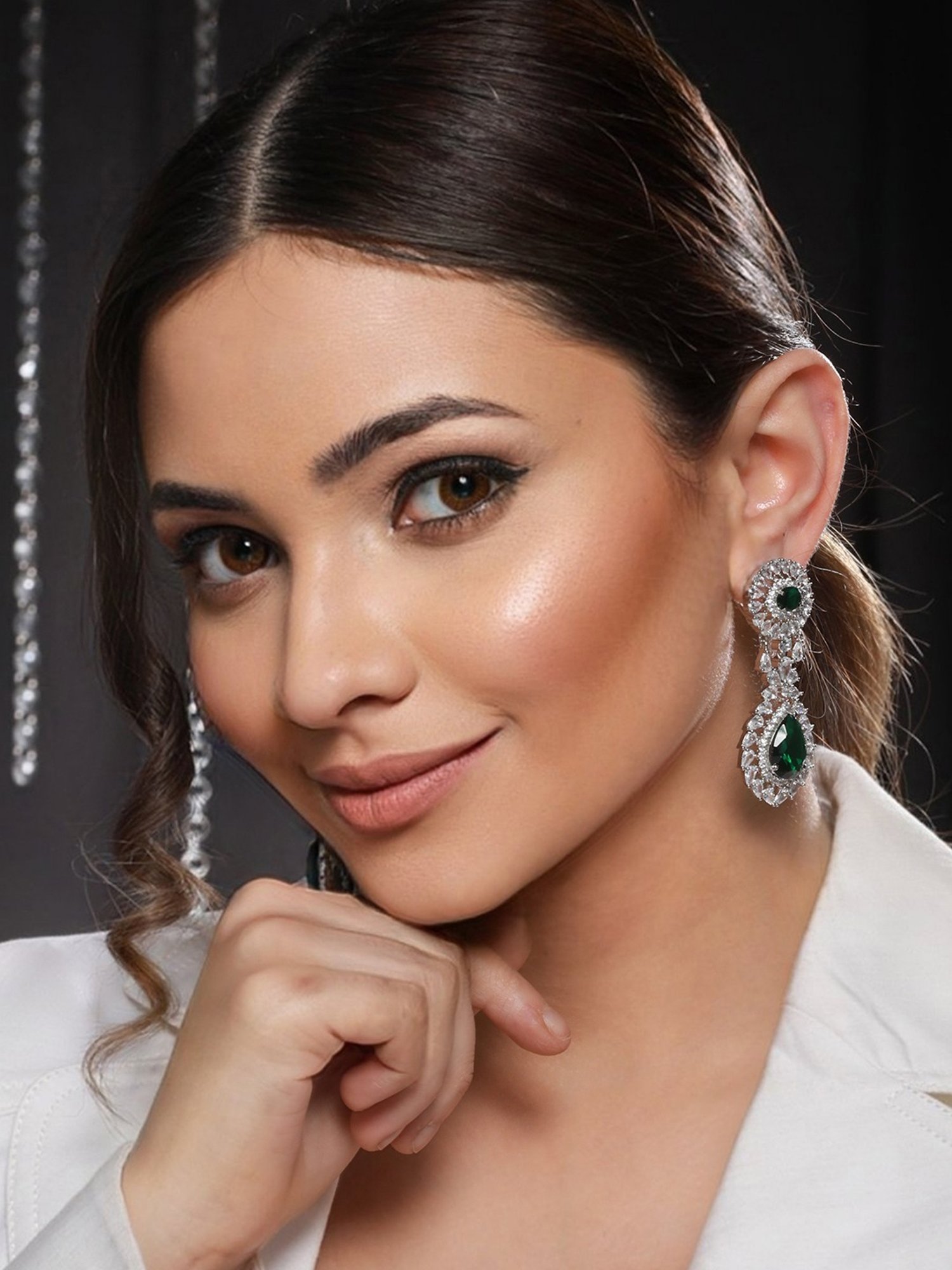 Saraf RS Jewellery Silver Green AD Studded Drop Earrings