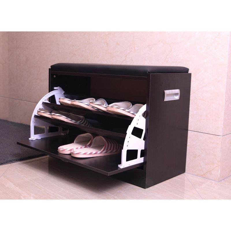 Black Wooden Fold-out Shoe Organizer - Shoe Storage Bench with Leather Cushion