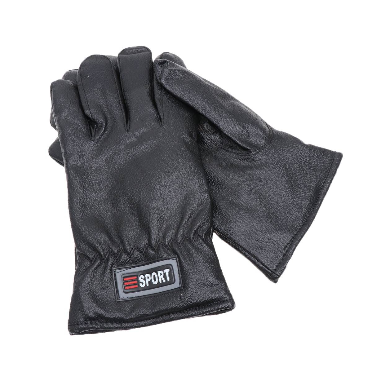 A Pair of Men Winter Gloves Thicken PU Leather Running Gloves Outdoor Sports Keep Warm Equipment (Average Size, Black)