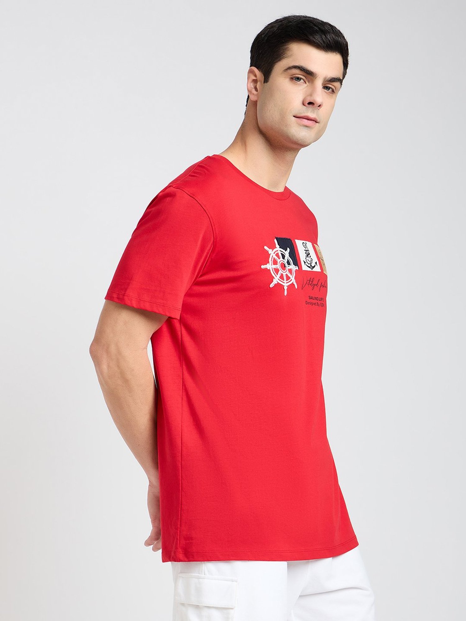 EDRIO Red Regular Fit Printed Crew T-Shirt