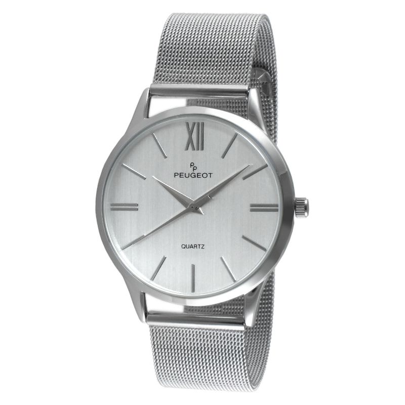 Men's Peugeot Round Slim Stainless Steel Mesh Bracelet Watch - Silver