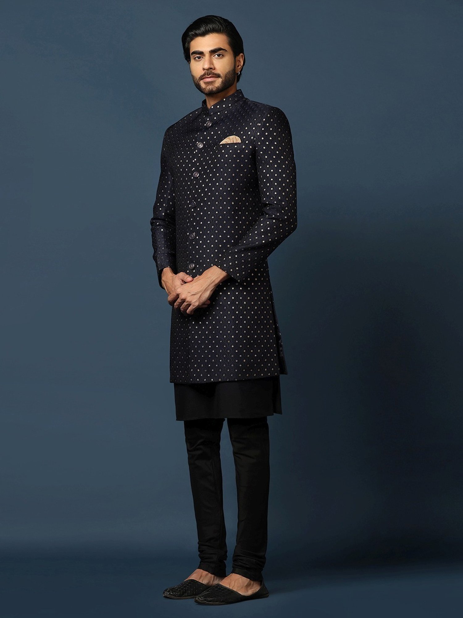 KISAH Navy Cotton Regular Fit Self Pattern Sherwani Set