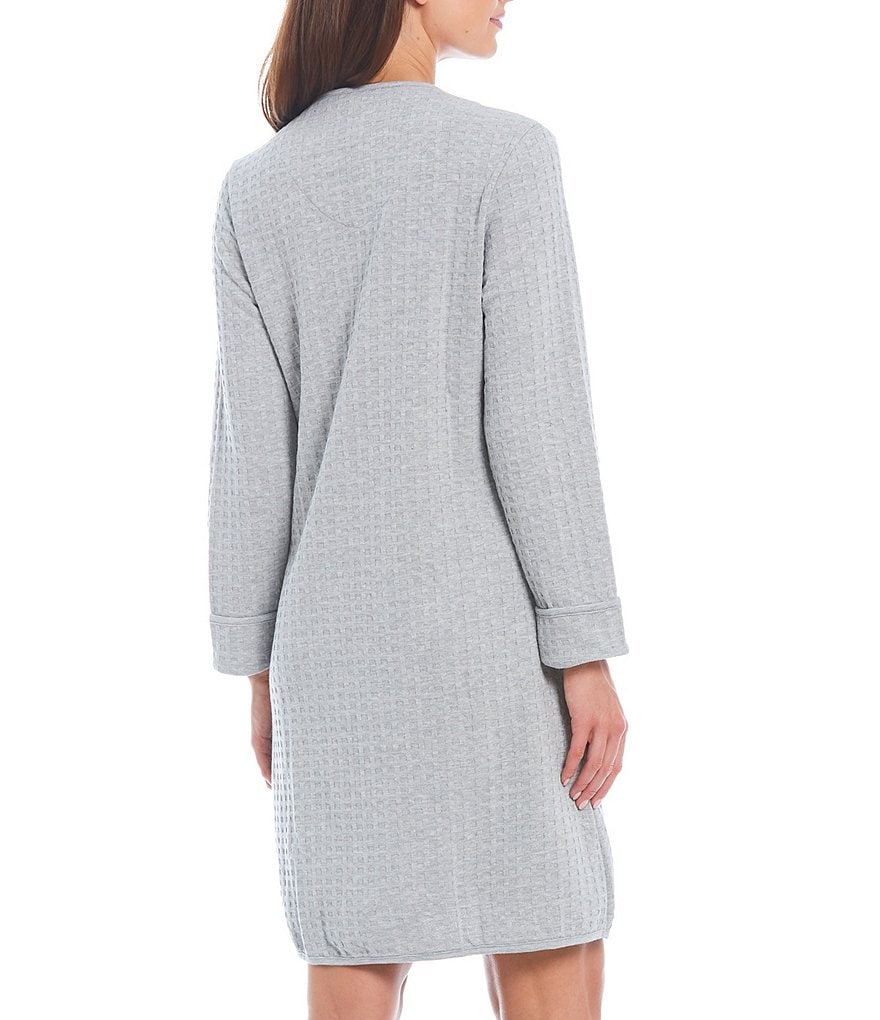 Miss Elaine Heathered Waffle Knit Zip-Front Round Neck Long Sleeve Short Robe