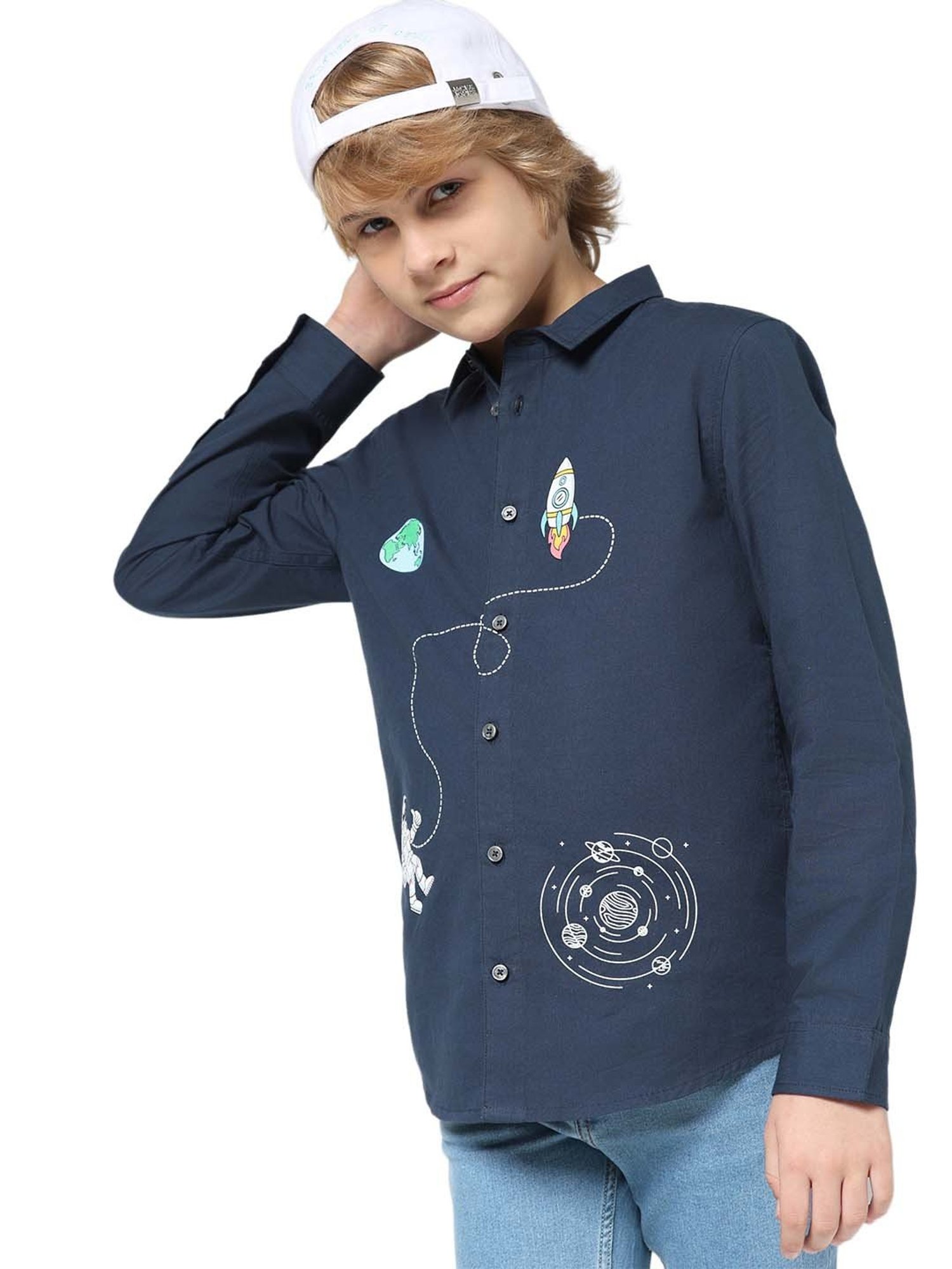 Jack & Jones Junior Poseidon Blue Cotton Printed Full Sleeves Shirt