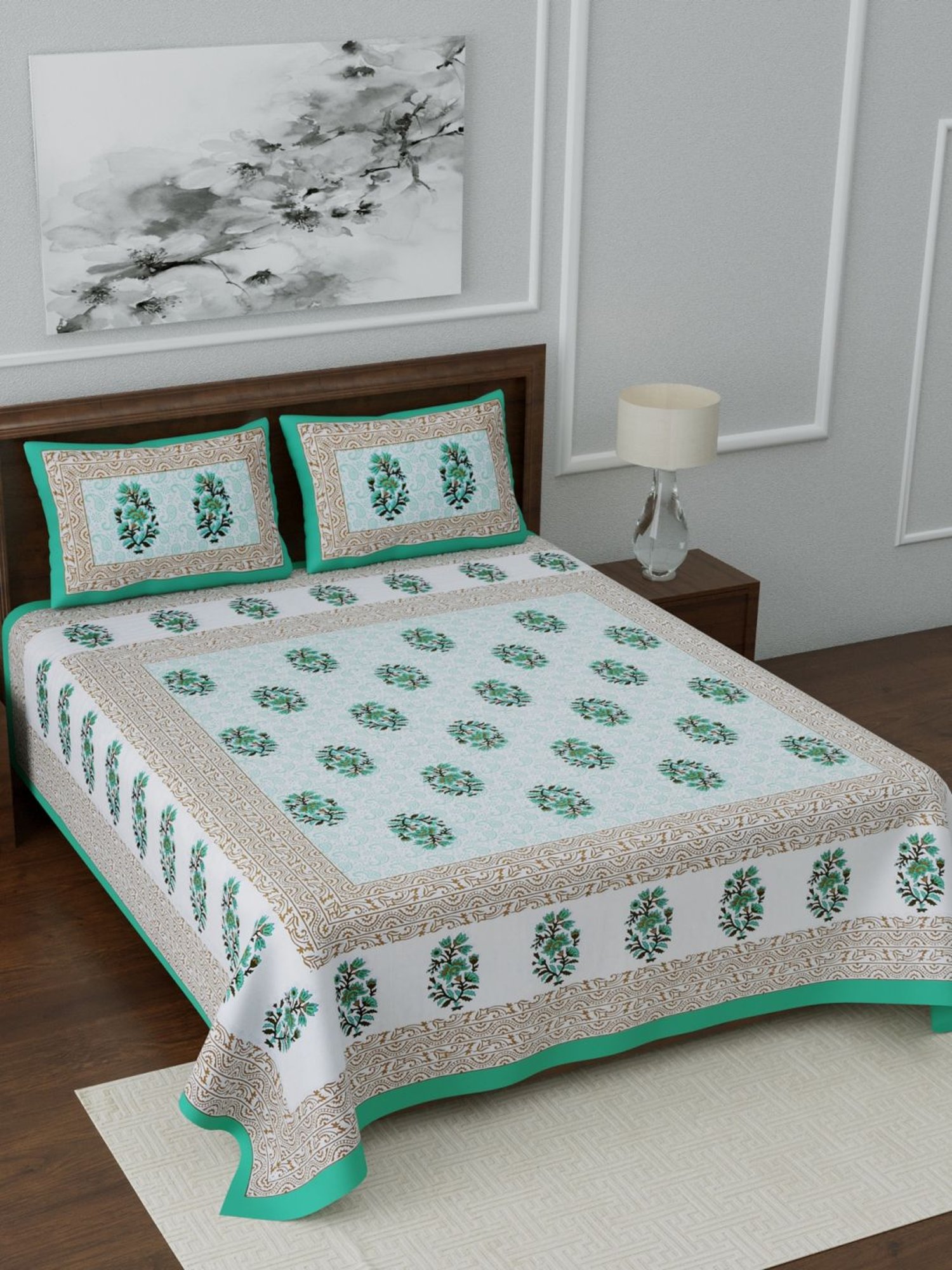 Living Roots Multicolor Jaipuri Printed Cotton Bed Sheet with 2 Pillow Cover