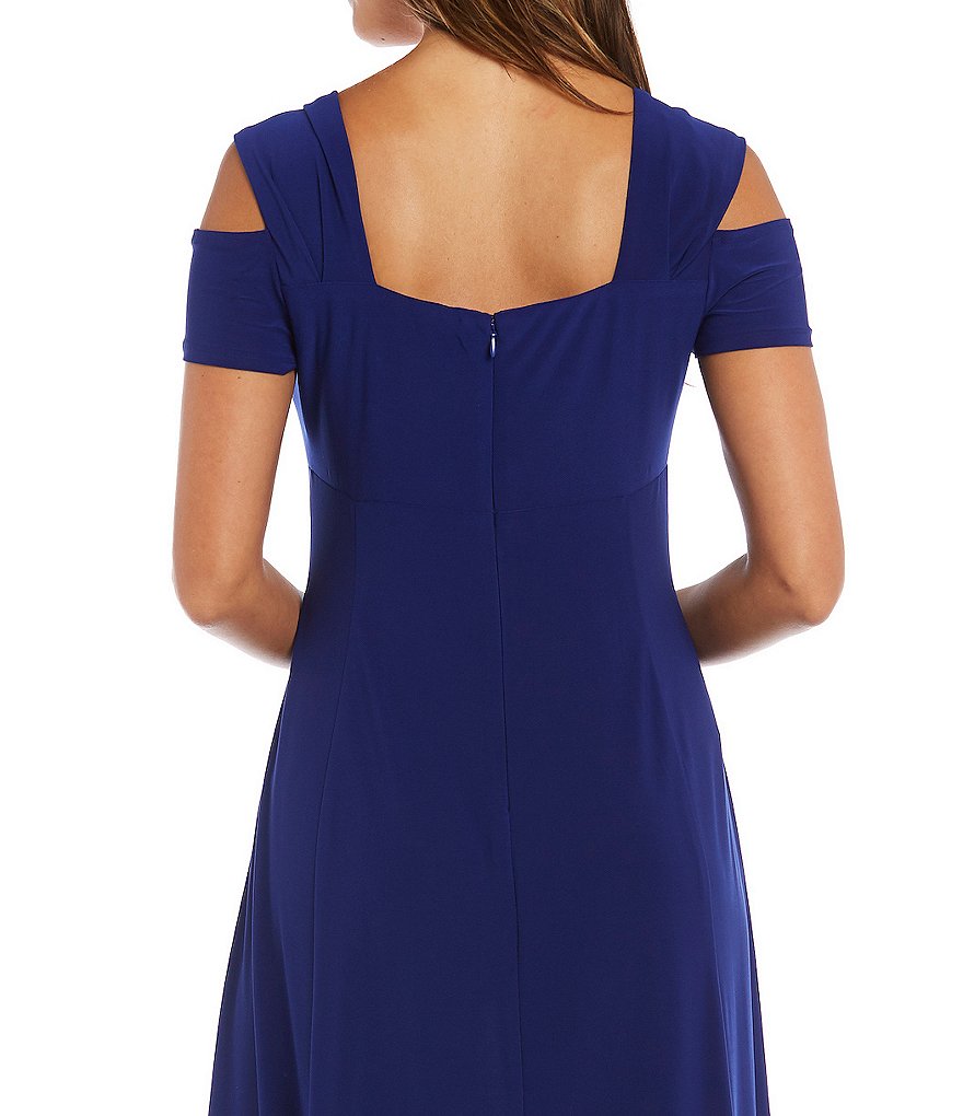 R & M Richards Rhinestone-Trim Cold-Shoulder Matte Jersey Gown