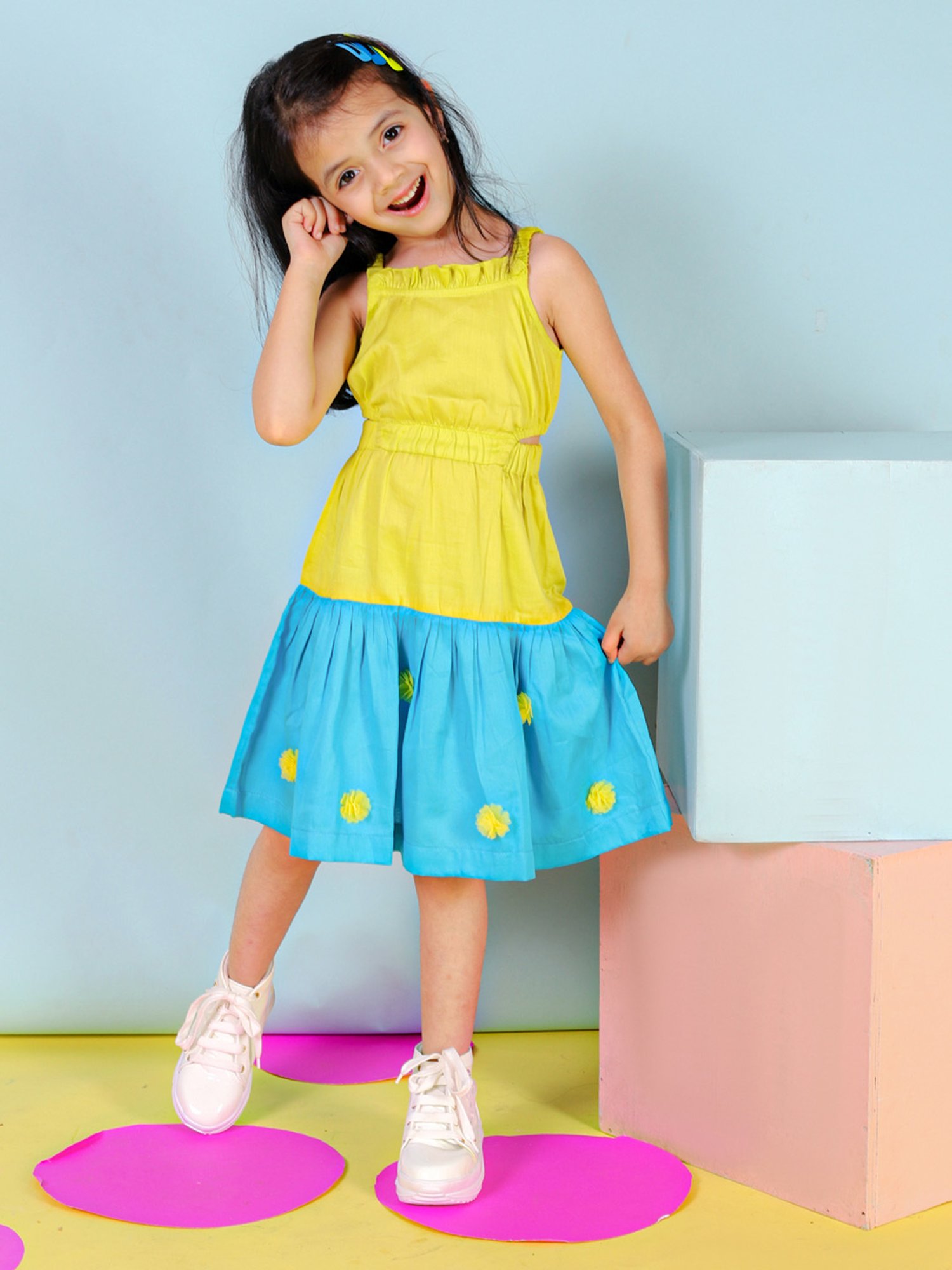 Lil Drama Kids Yellow & Blue Solid Dress