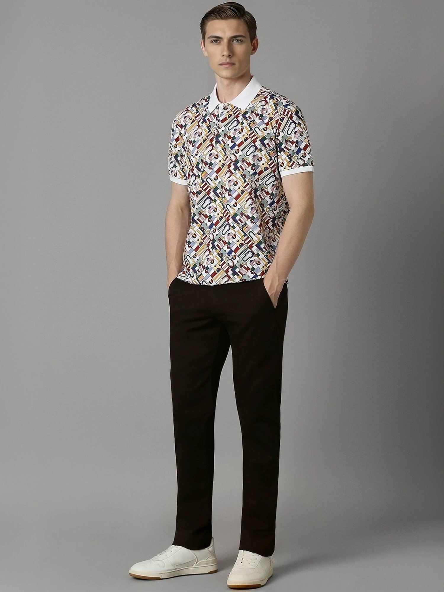 Louis Philippe White Cotton Slim Fit Printed Polo T-Shirt