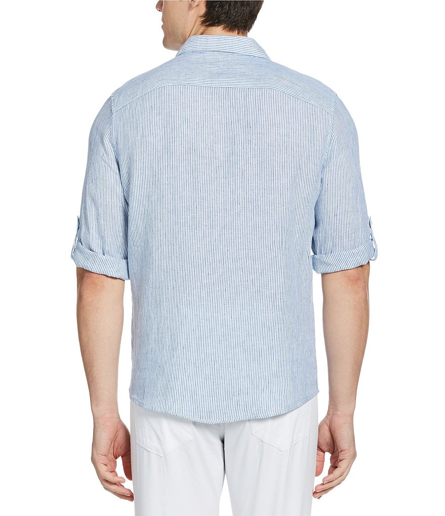 Perry Ellis Untucked Stripe Linen Roll-Sleeve Woven Shirt