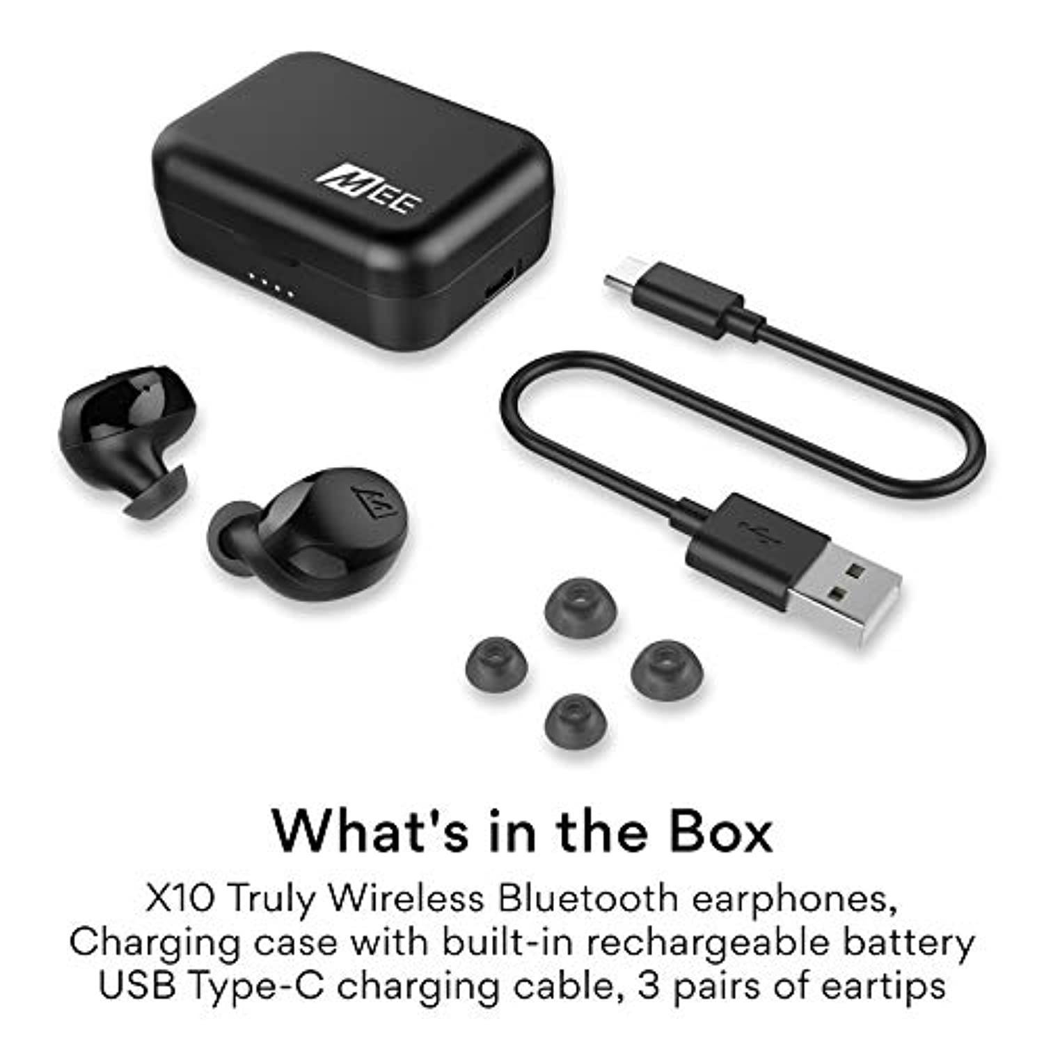 MEE audio X10 Truly Wireless in-Ear Headphones with Ergonomic Design, IPX5 Sweat Resistance, and 4.5 Hours Battery Life (23 Hours with Included Compact Charging case) (Black) (X10-BK)