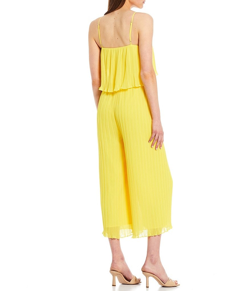 Gianni Bini Riley Micro-Pleat Spaghetti Strap Square Neck Sleeveless Wide Leg Cropped Jumpsuit