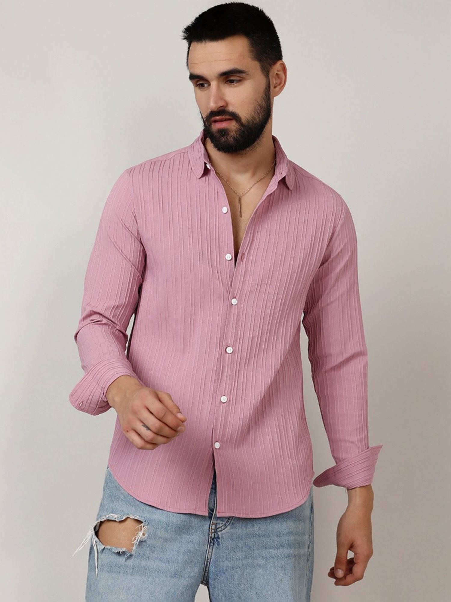 Campus Sutra Pink Regular Fit Striped Shirt