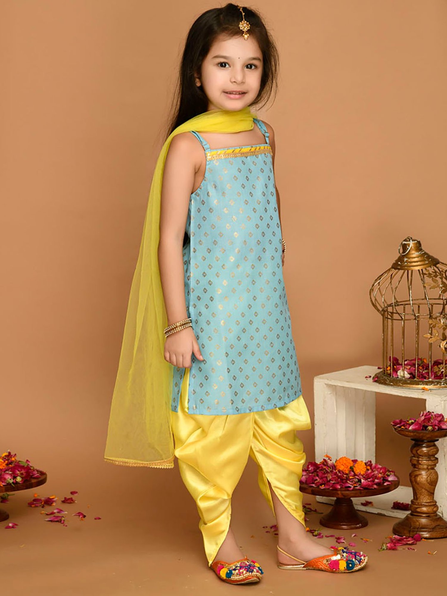 Saka Designs Kids Sky Blue & Yellow Printed Kurta with Dhoti & Dupatta